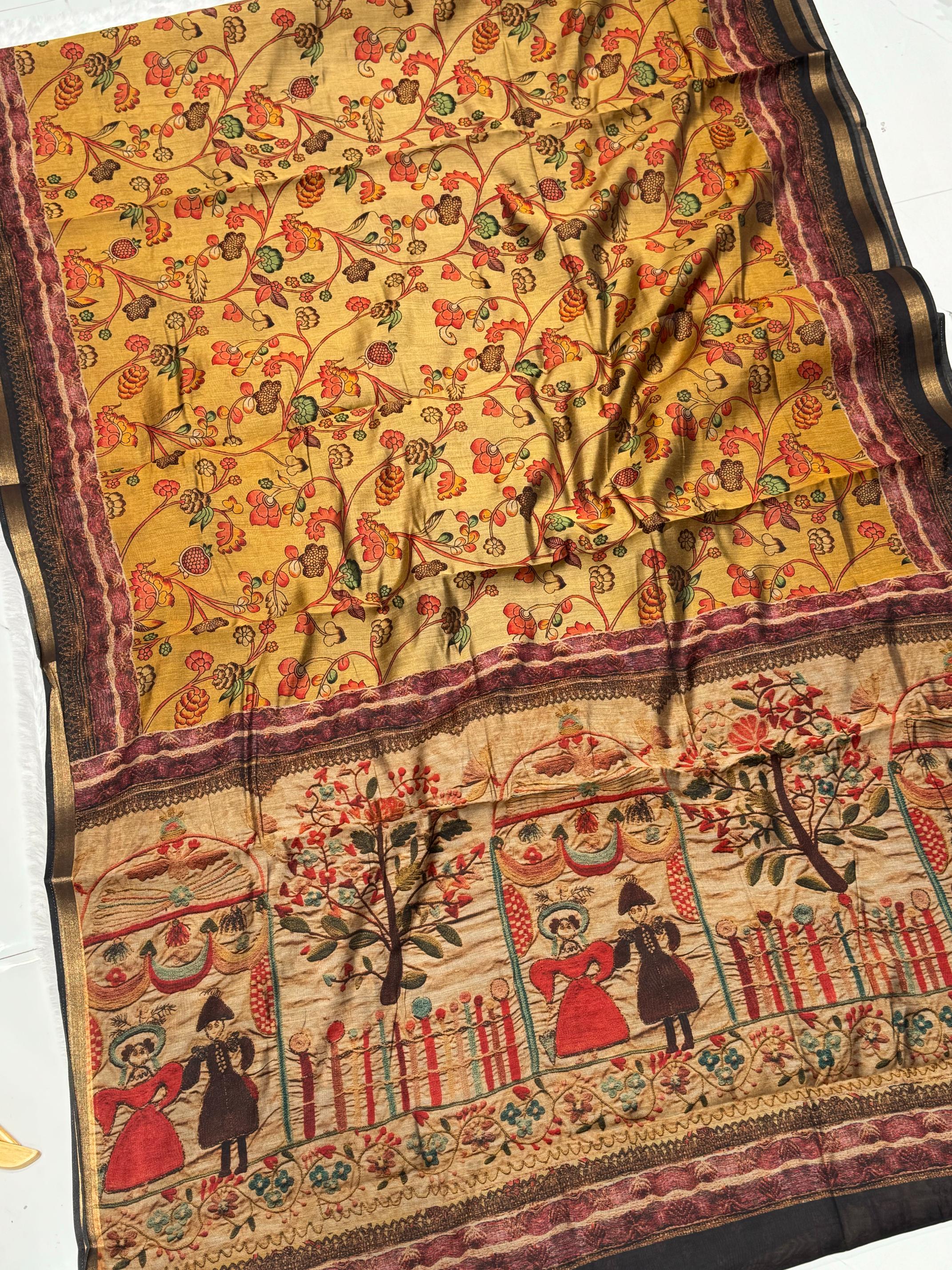 Ajrakh With Kalamkari Design Hand Block Print Maslin silk Saree K6