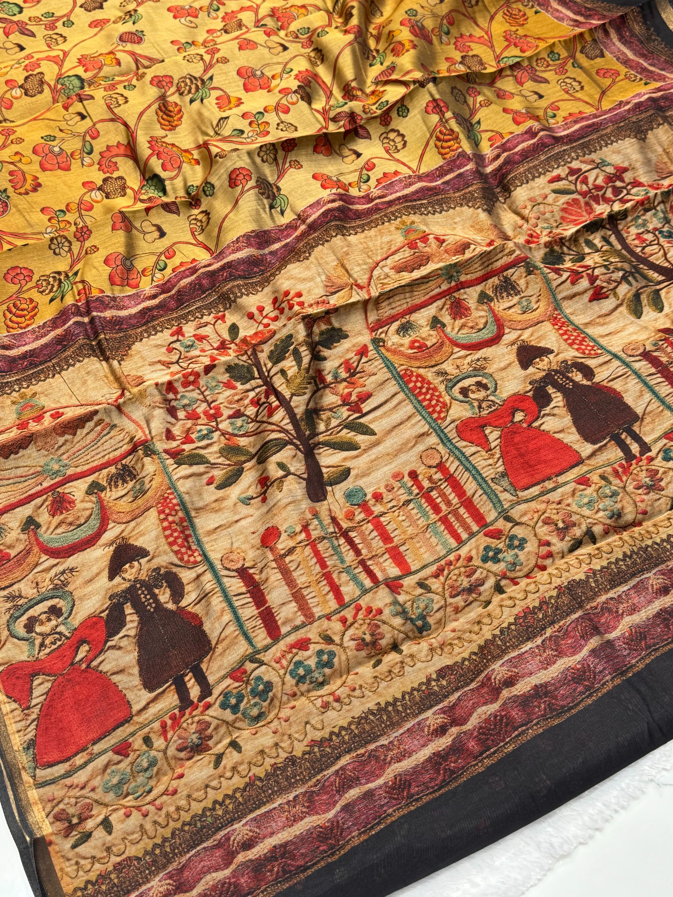 Ajrakh With Kalamkari Design Hand Block Print Maslin silk Saree K6