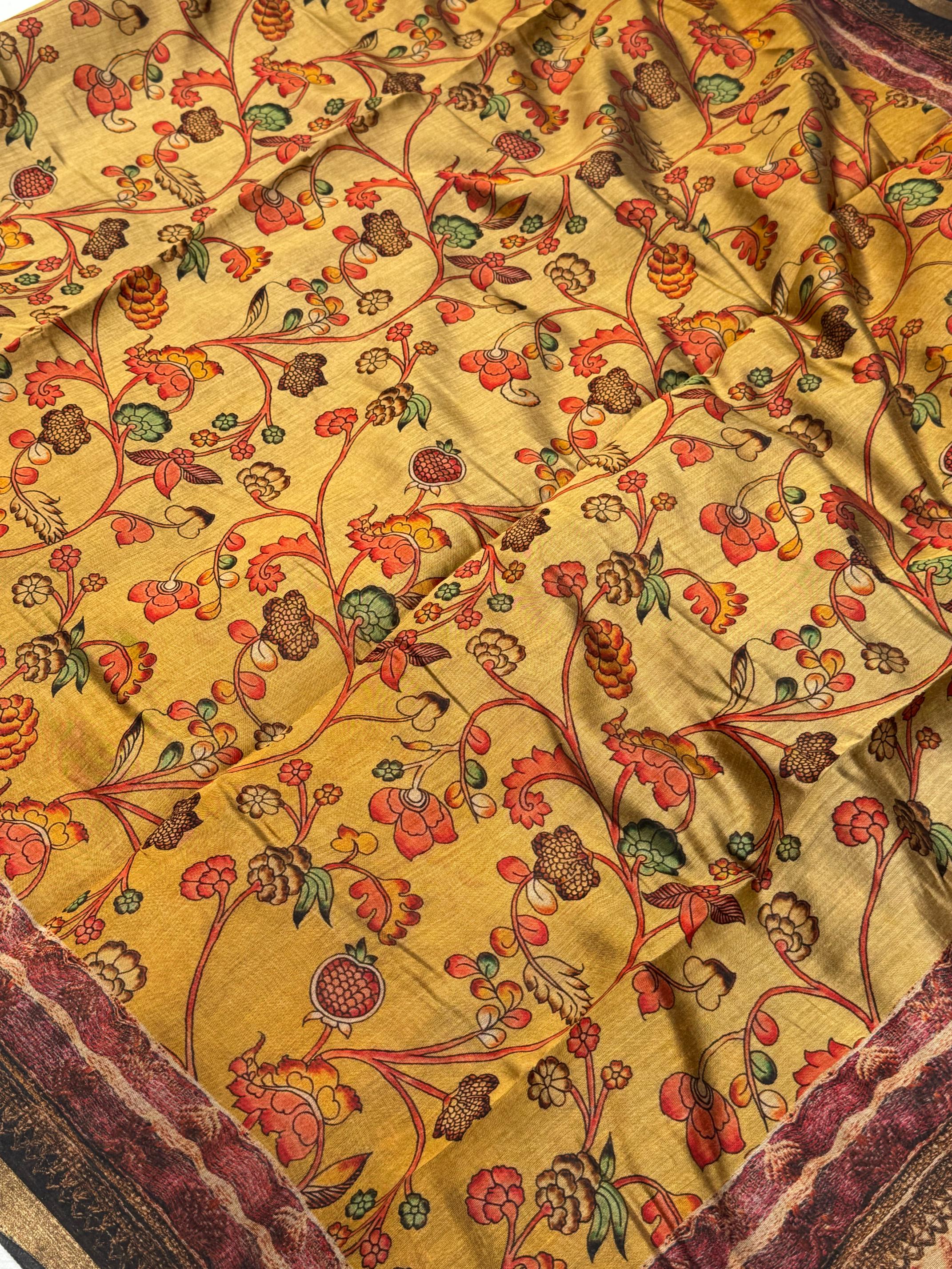 Ajrakh With Kalamkari Design Hand Block Print Maslin silk Saree K6