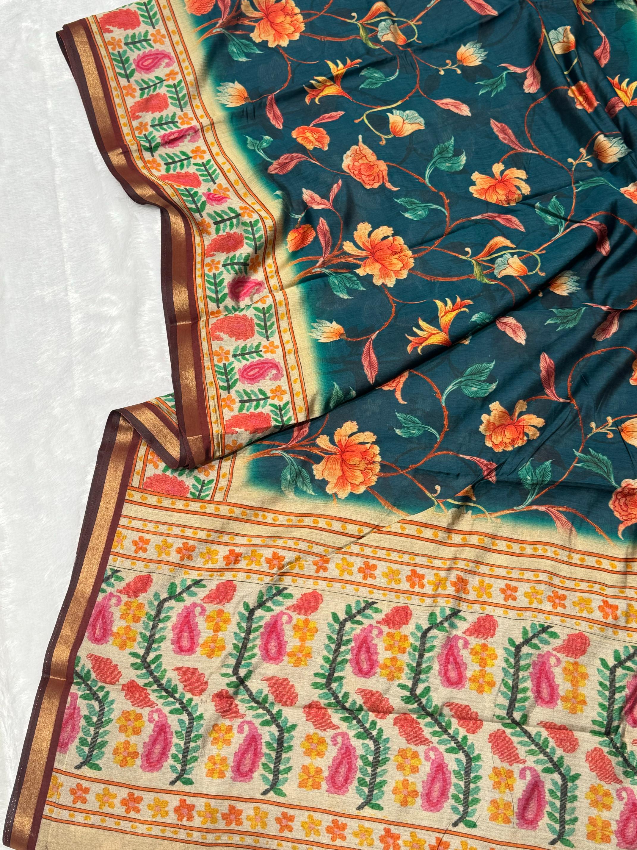 Ajrakh With Kalamkari Design Hand Block Print Maslin silk Saree K7