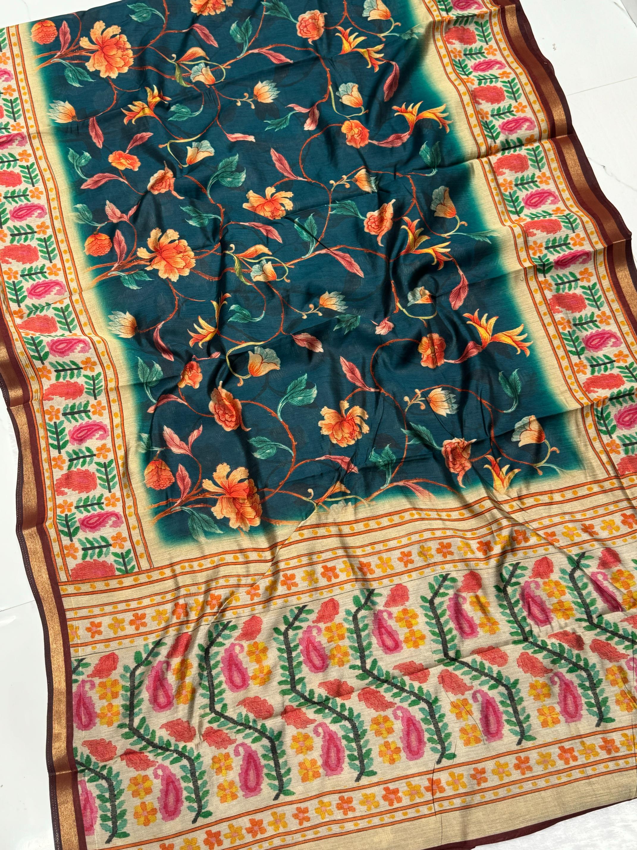 Ajrakh With Kalamkari Design Hand Block Print Maslin silk Saree K7