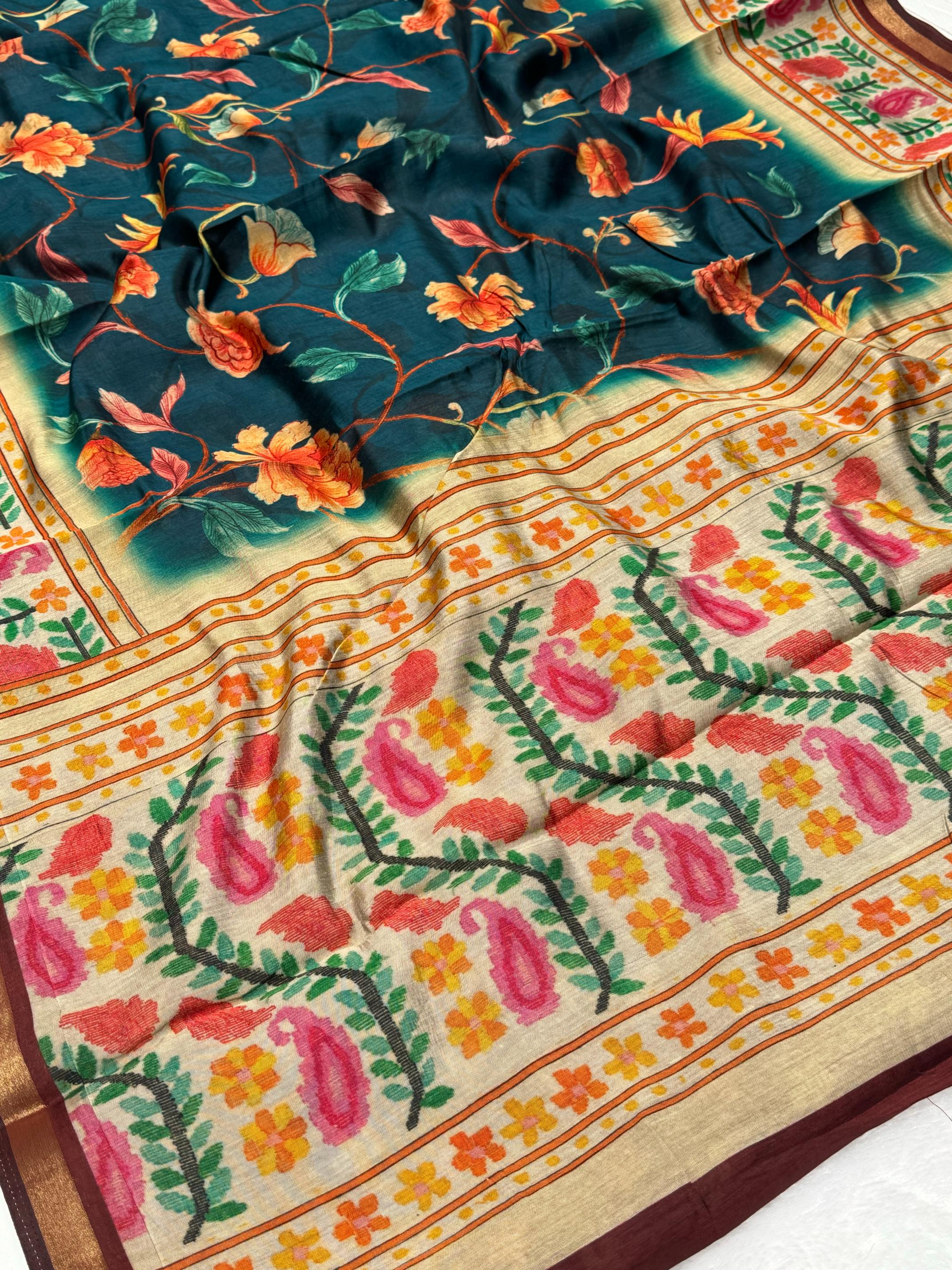 Ajrakh With Kalamkari Design Hand Block Print Maslin silk Saree K7