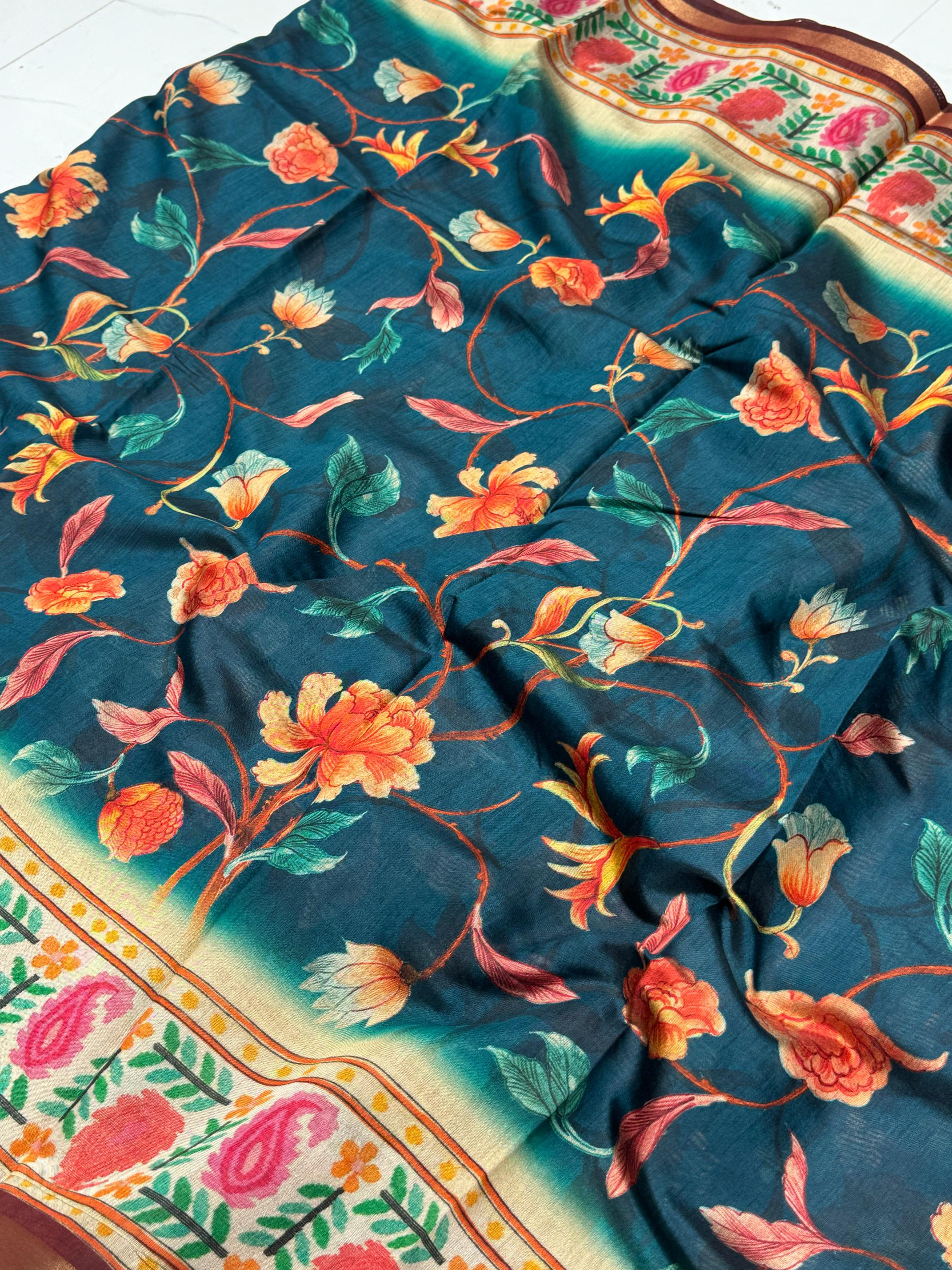 Ajrakh With Kalamkari Design Hand Block Print Maslin silk Saree K7