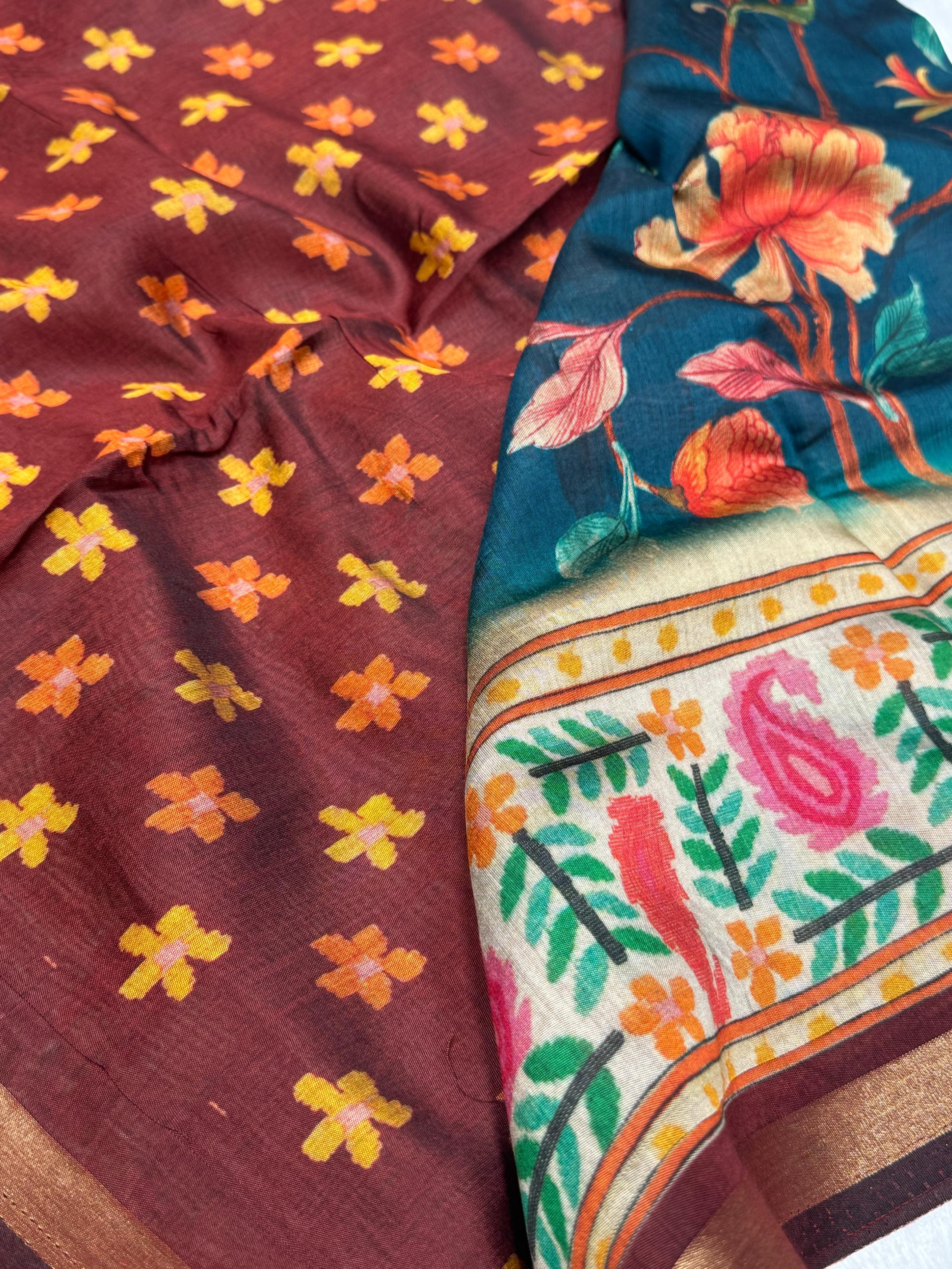 Ajrakh With Kalamkari Design Hand Block Print Maslin silk Saree K7