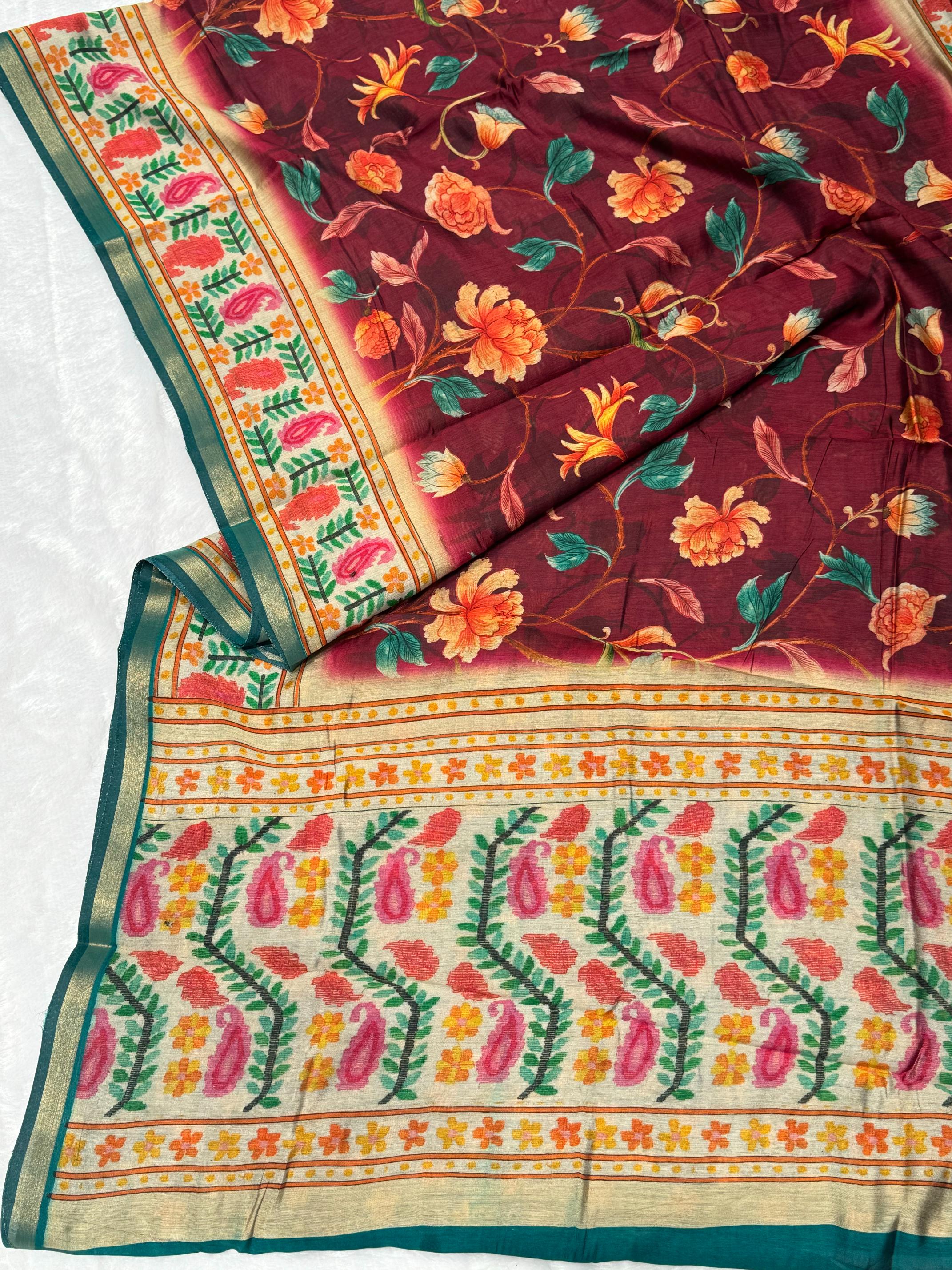 Ajrakh With Kalamkari Design Hand Block Print Maslin silk Saree K7