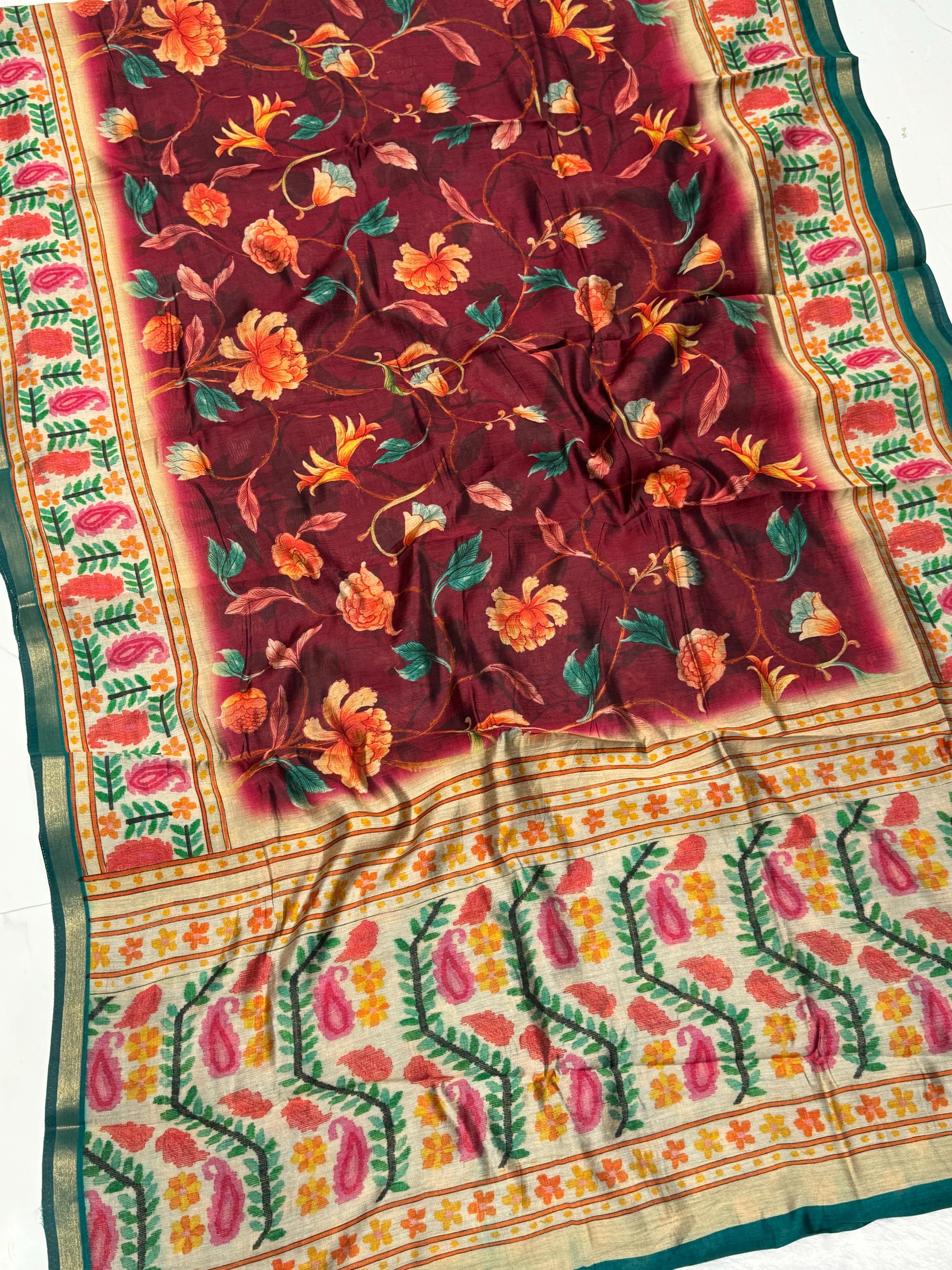 Ajrakh With Kalamkari Design Hand Block Print Maslin silk Saree K7