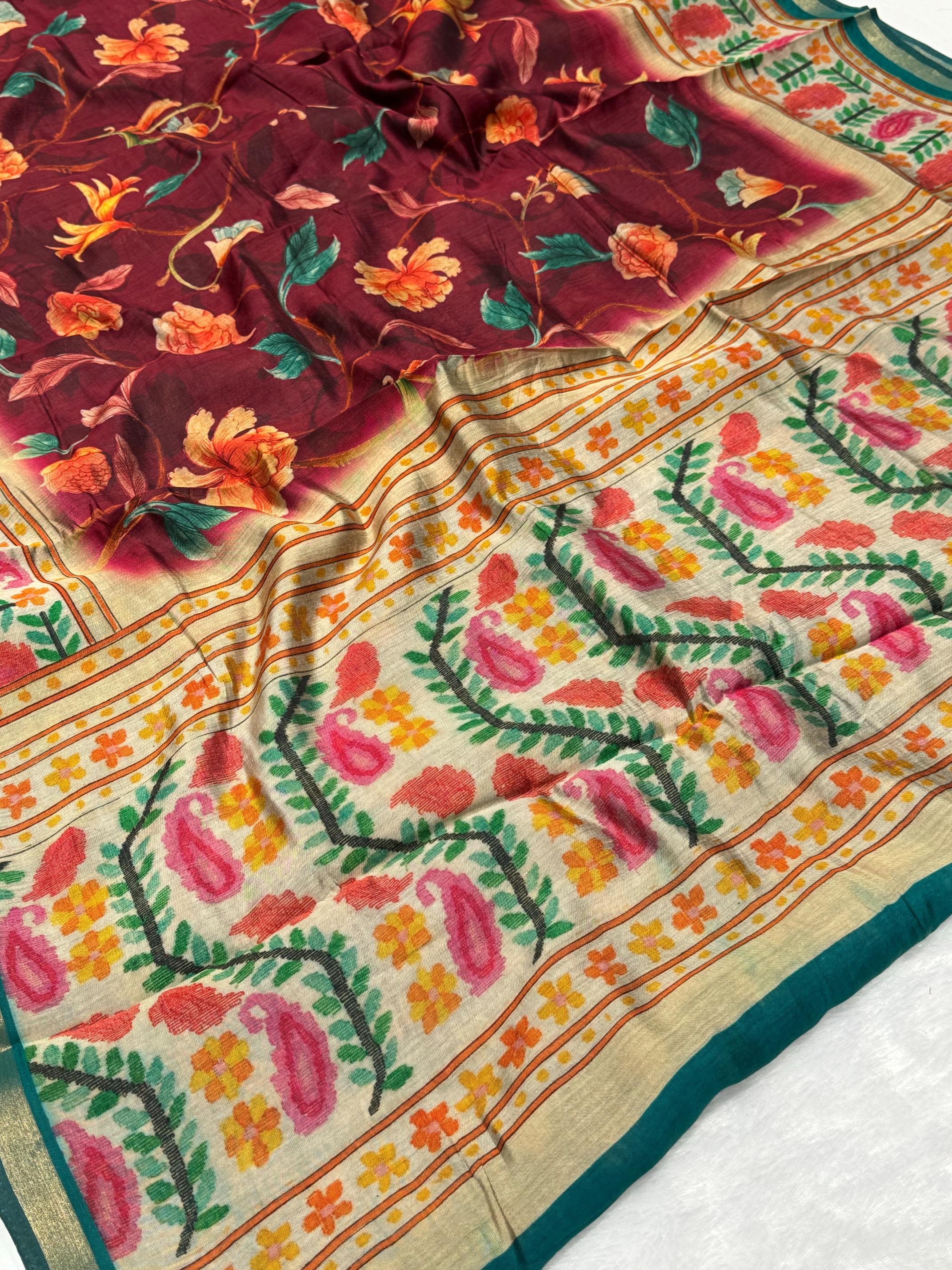 Ajrakh With Kalamkari Design Hand Block Print Maslin silk Saree K7