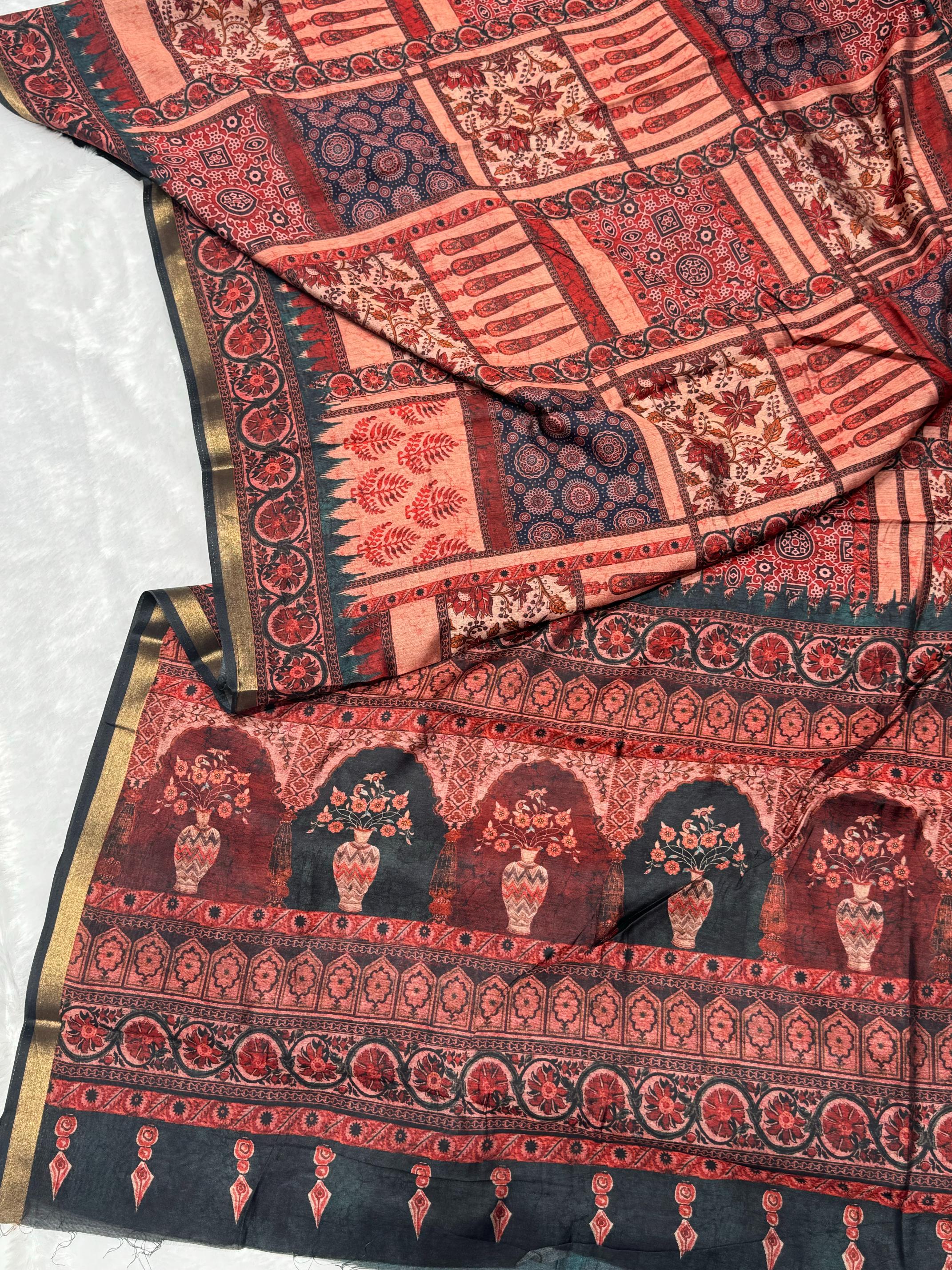 Ajrakh With Kalamkari Design Hand Block Print Maslin silk Saree K8