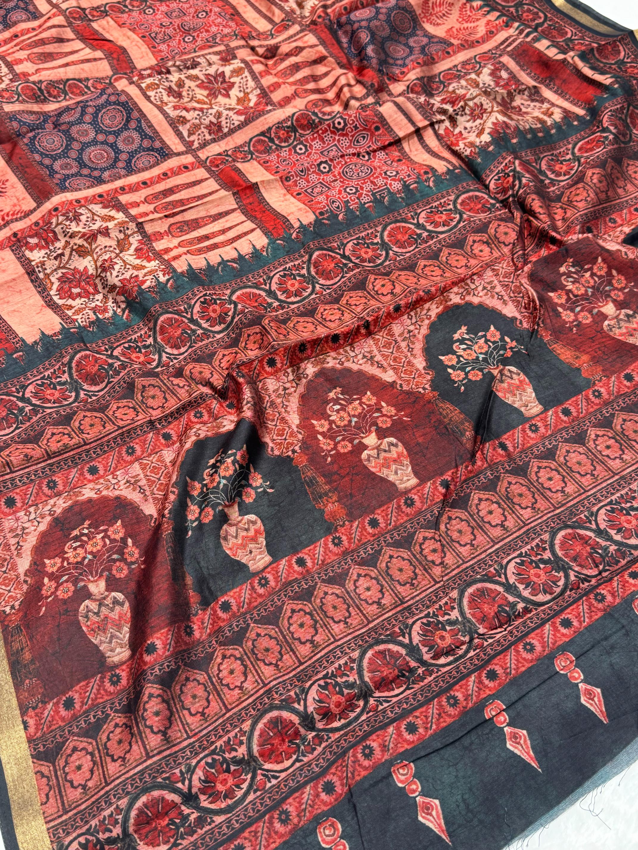 Ajrakh With Kalamkari Design Hand Block Print Maslin silk Saree K8