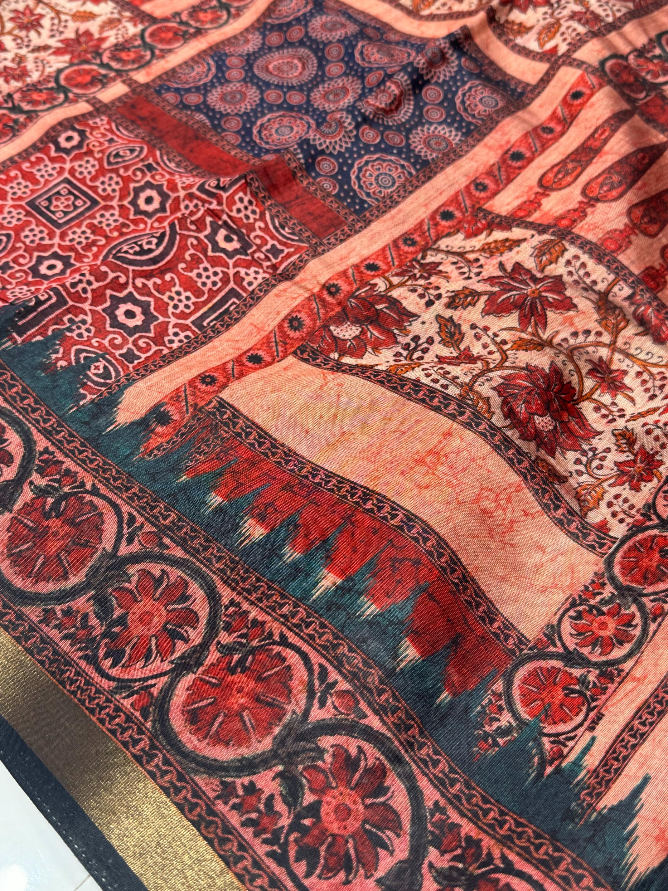 Ajrakh With Kalamkari Design Hand Block Print Maslin silk Saree K8