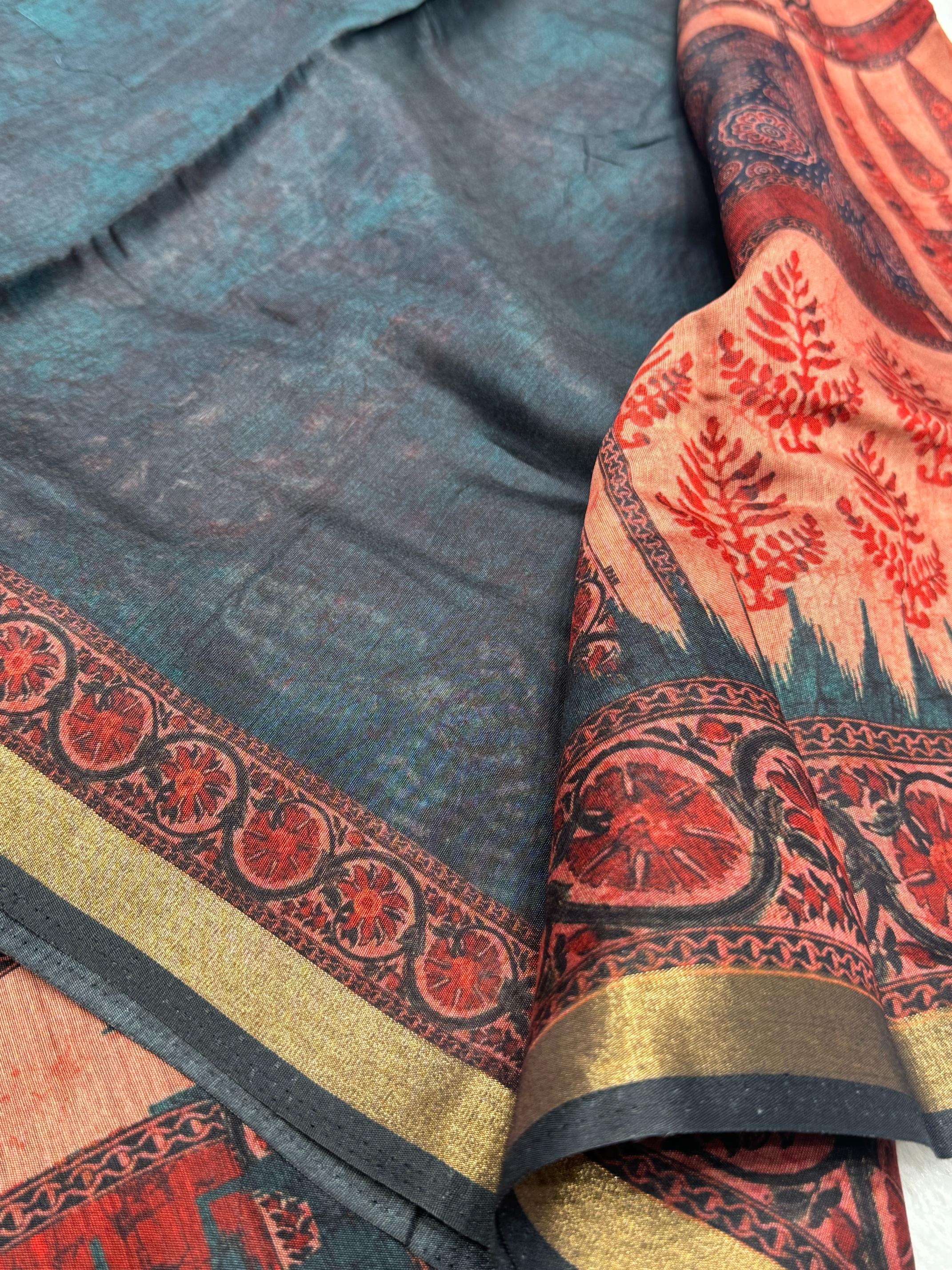 Ajrakh With Kalamkari Design Hand Block Print Maslin silk Saree K8