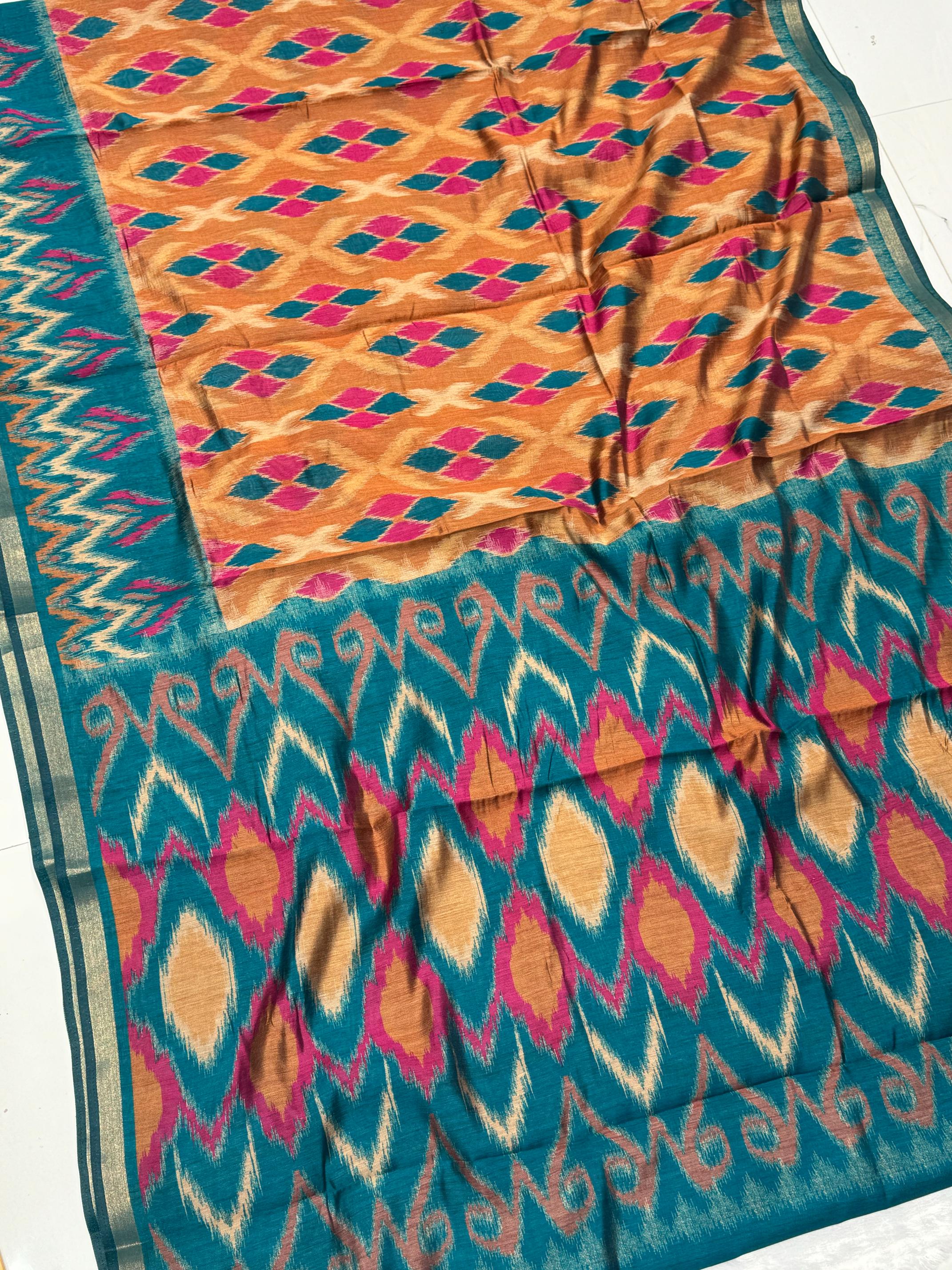 Ajrakh With Kalamkari Patola Design Hand Block Print Maslin silk Saree K9