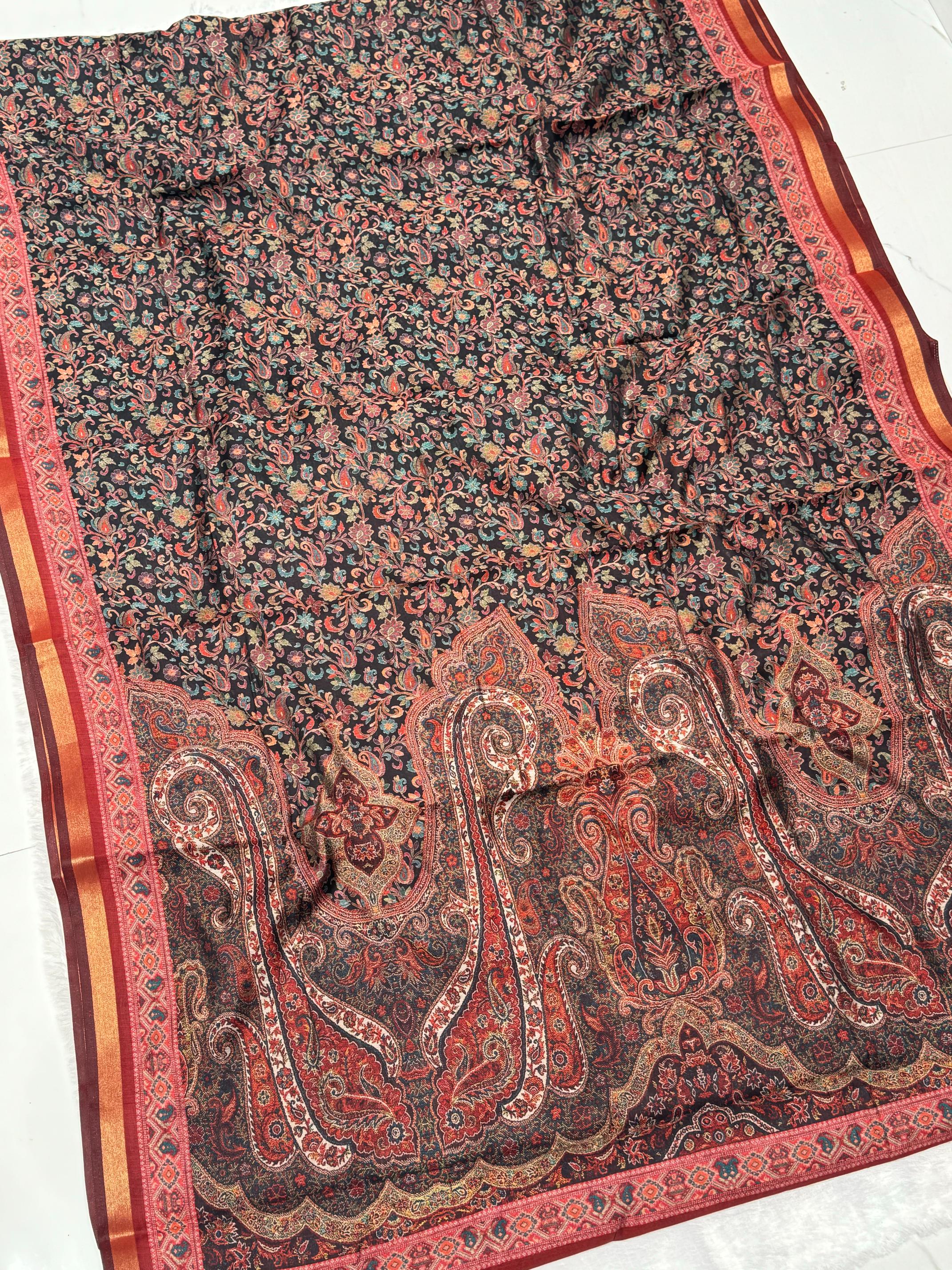 Black Ajrakh With Kalamkari Design Hand Block Print Maslin silk Saree K10