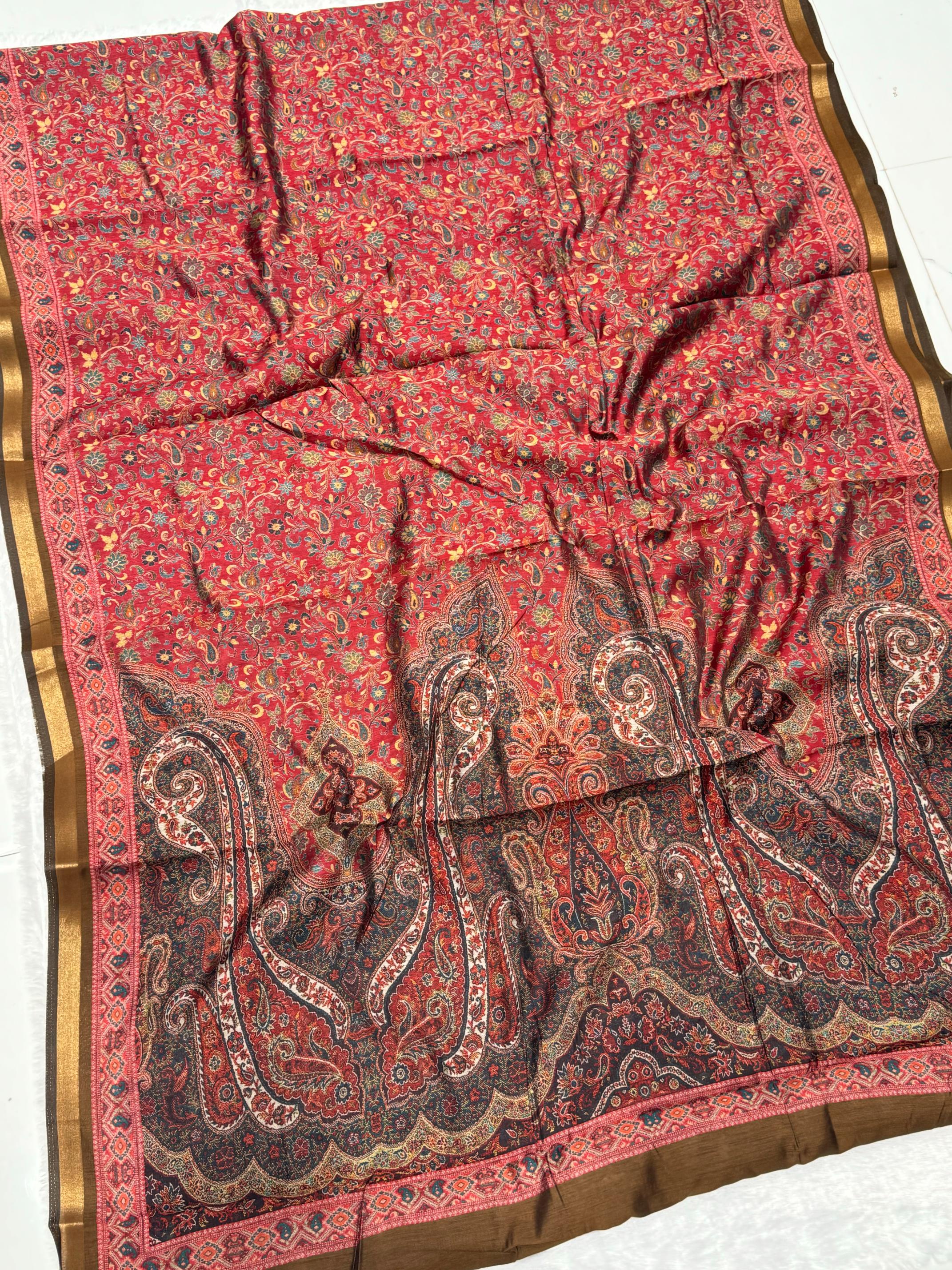 Ajrakh With Kalamkari Design Hand Block Print Maslin silk Saree K10