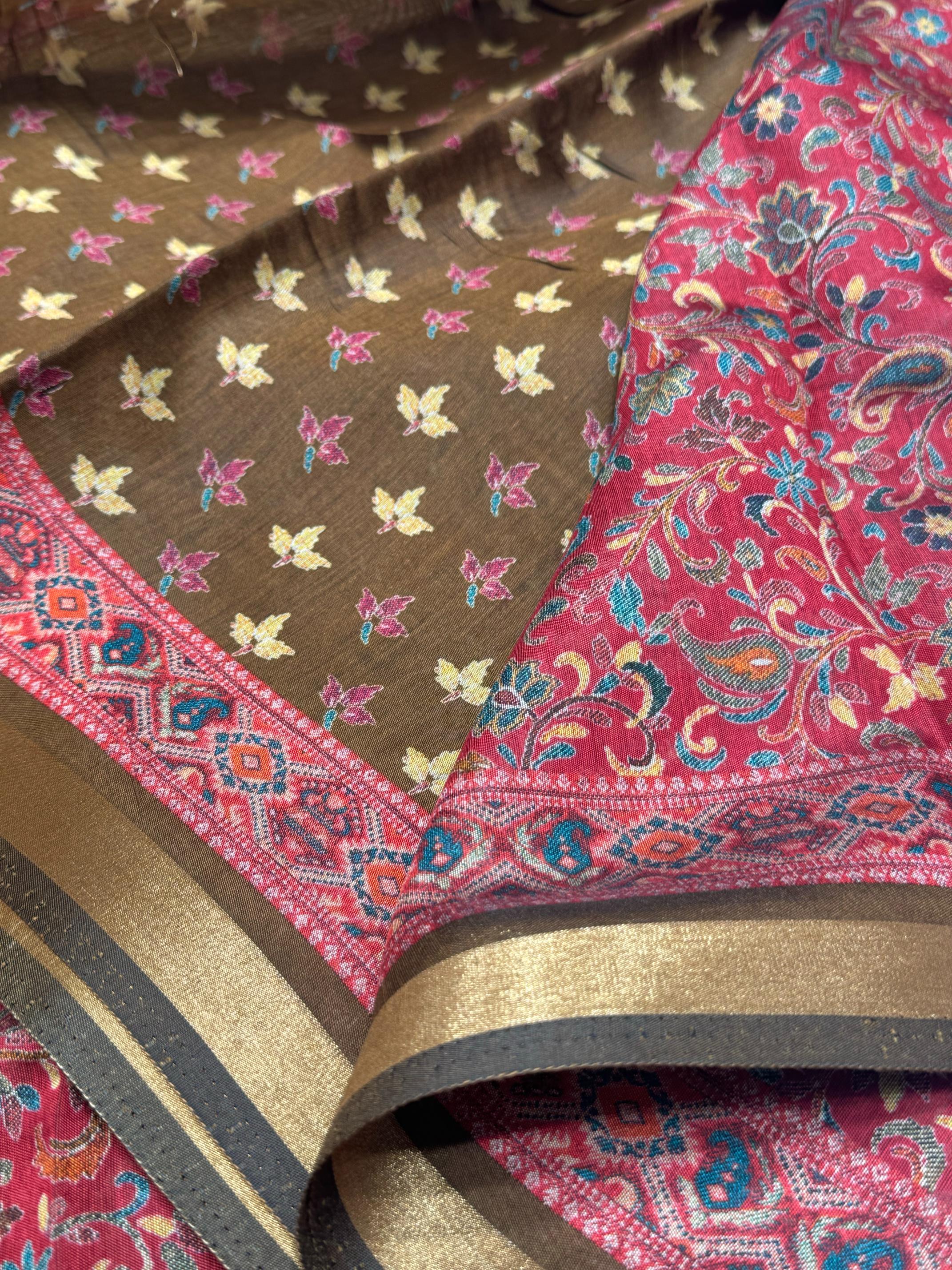 Ajrakh With Kalamkari Design Hand Block Print Maslin silk Saree K10