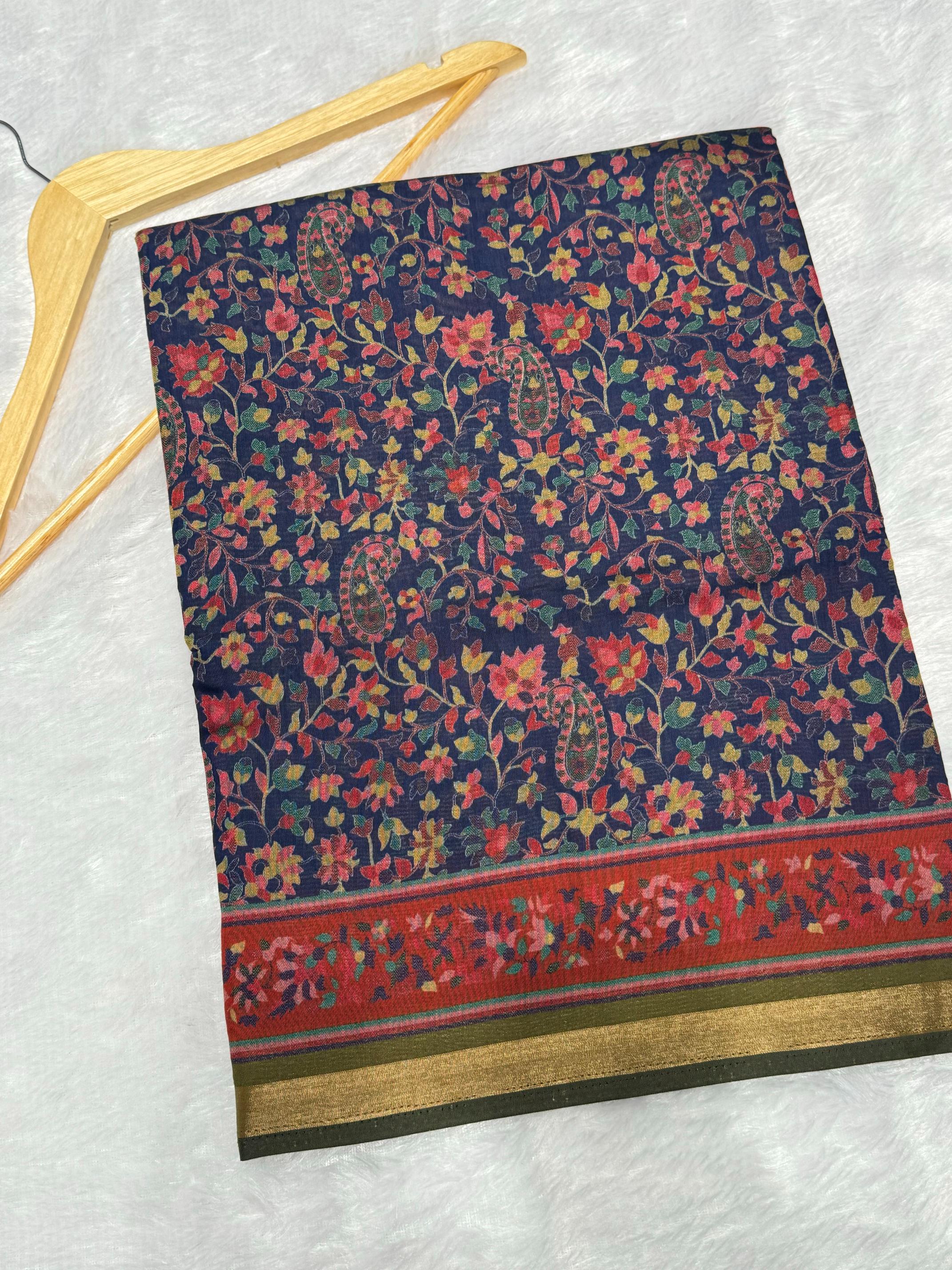 Ajrakh With Kalamkari Design Hand Block Print Maslin silk Saree K11