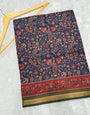 Ajrakh With Kalamkari Design Hand Block Print Maslin silk Saree K11