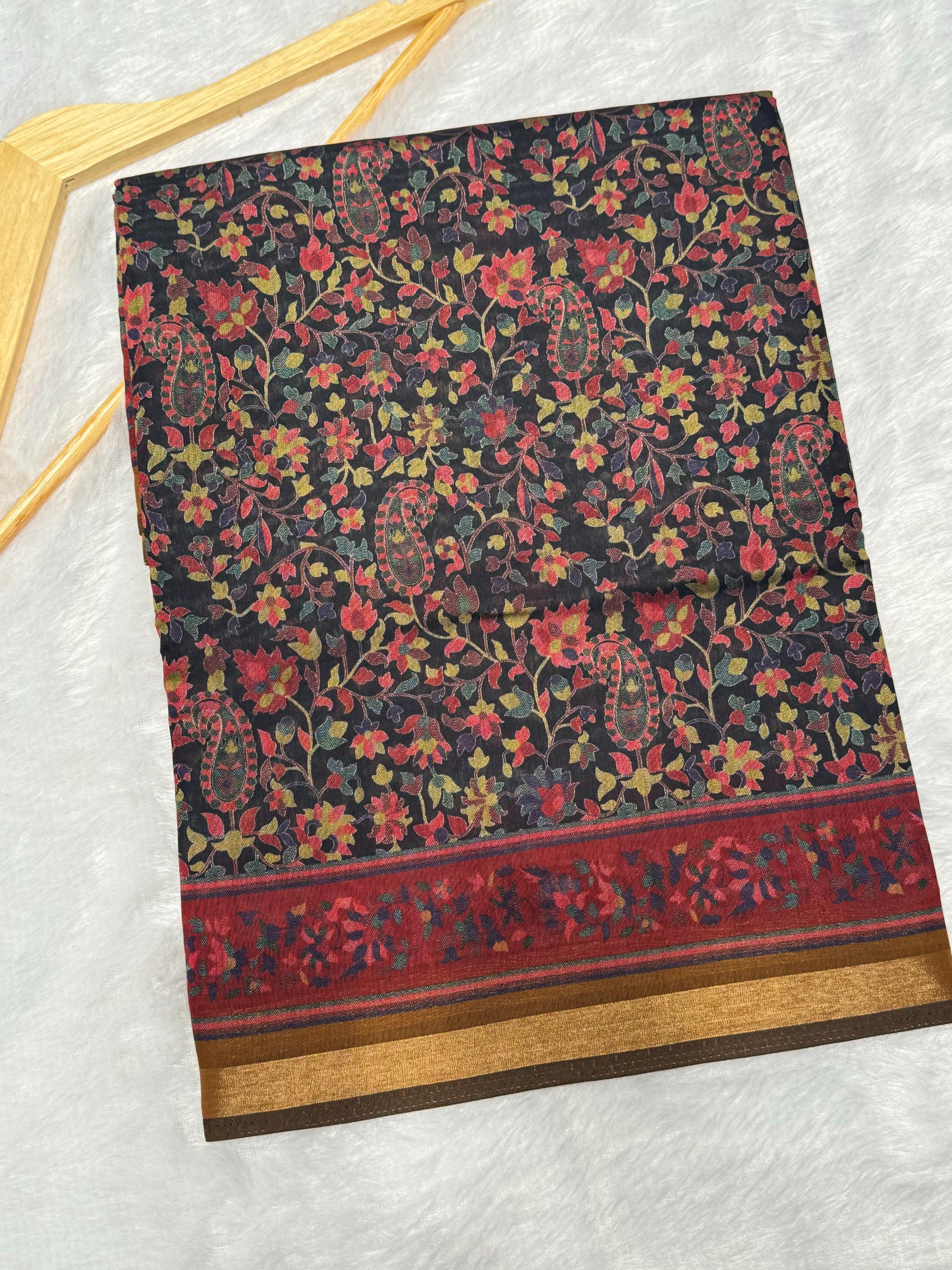 Ajrakh With Kalamkari Design Hand Block Print Maslin silk Saree K11