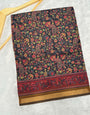 Ajrakh With Kalamkari Design Hand Block Print Maslin silk Saree K11