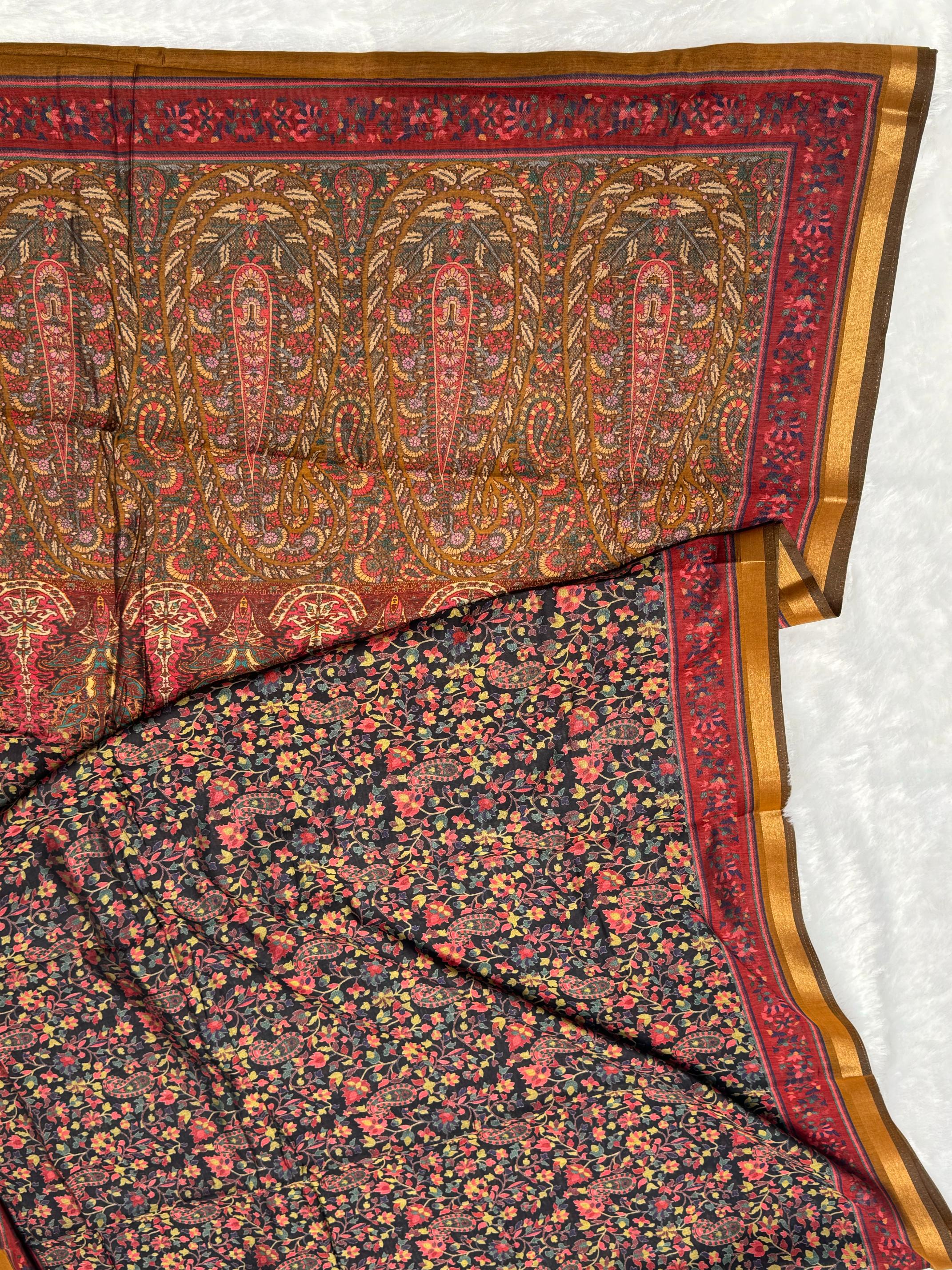 Ajrakh With Kalamkari Design Hand Block Print Maslin silk Saree K11