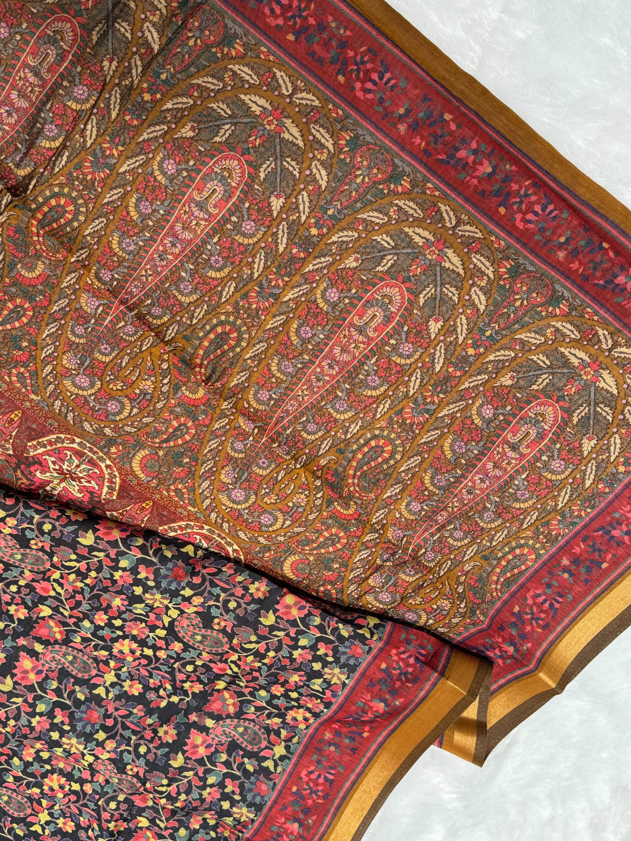 Ajrakh With Kalamkari Design Hand Block Print Maslin silk Saree K11