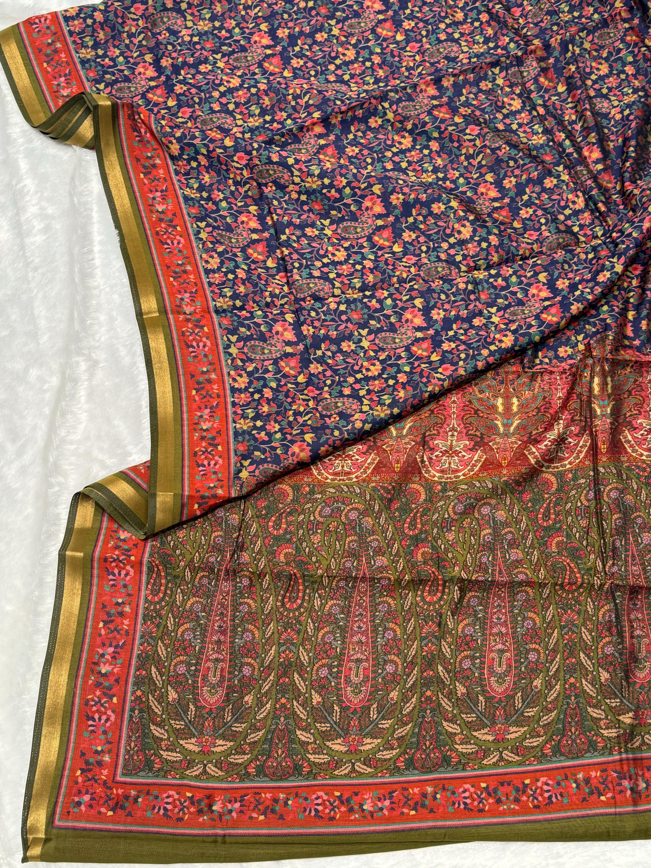 Ajrakh With Kalamkari Design Hand Block Print Maslin silk Saree K11