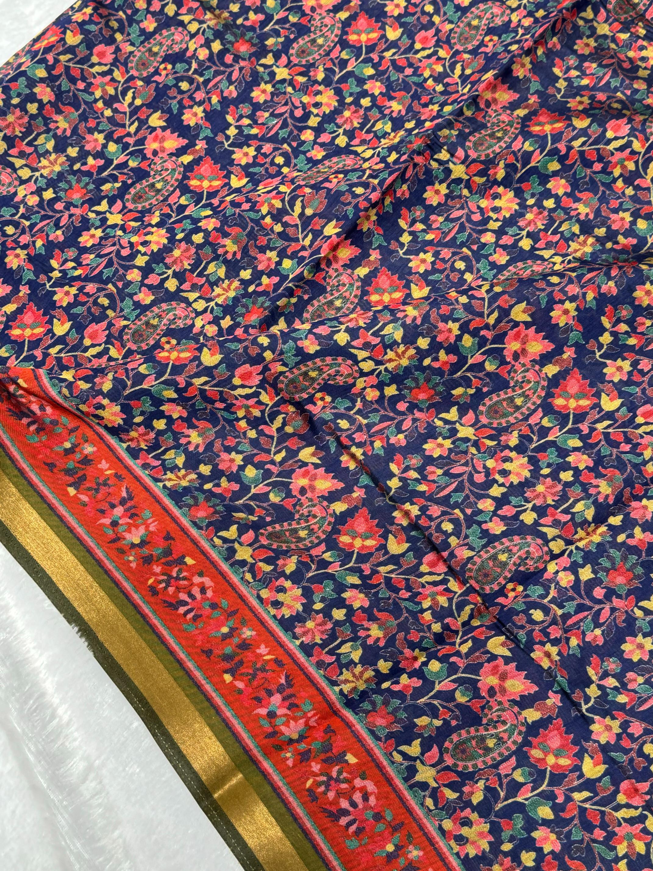 Ajrakh With Kalamkari Design Hand Block Print Maslin silk Saree K11