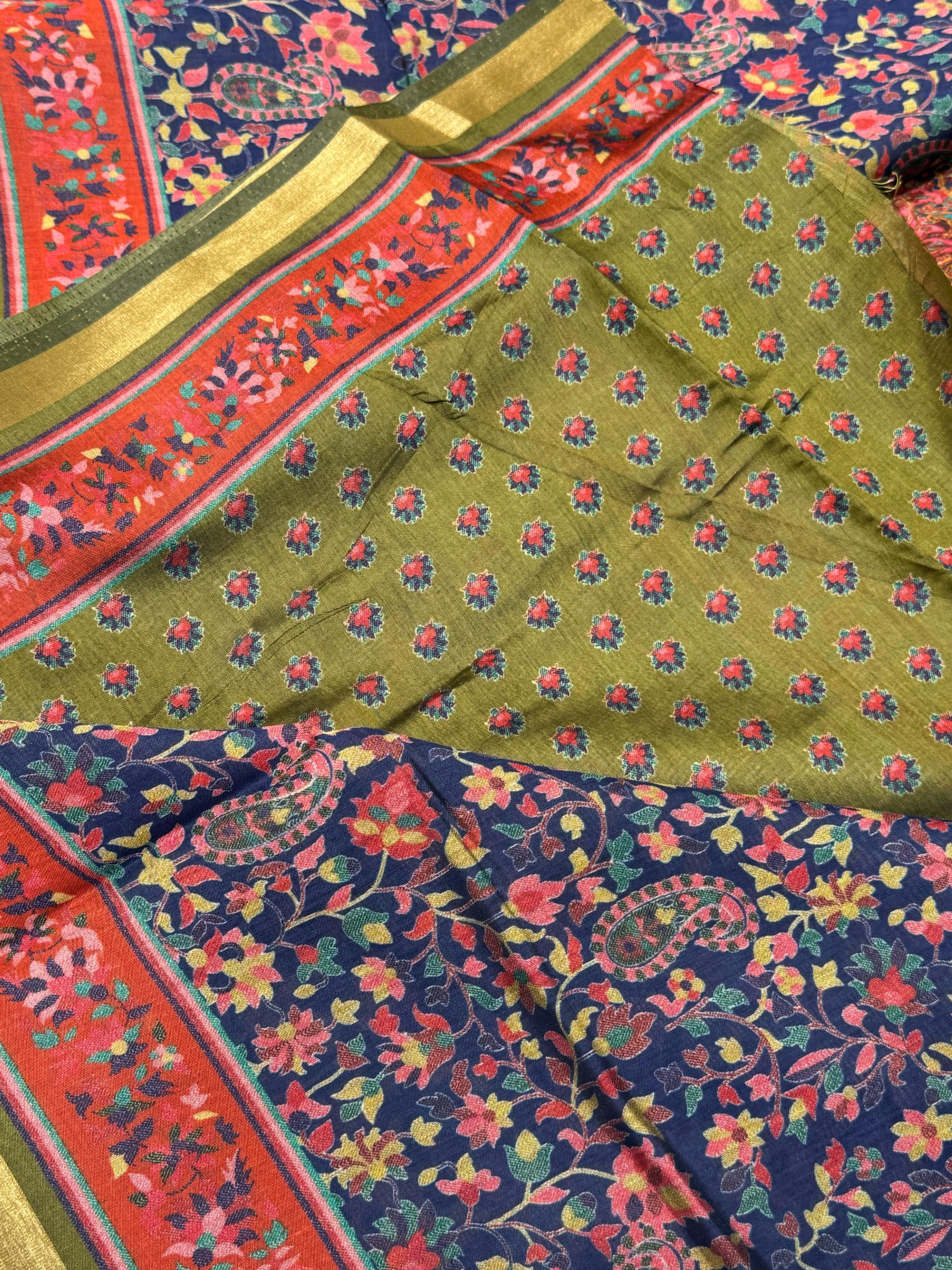 Ajrakh With Kalamkari Design Hand Block Print Maslin silk Saree K11