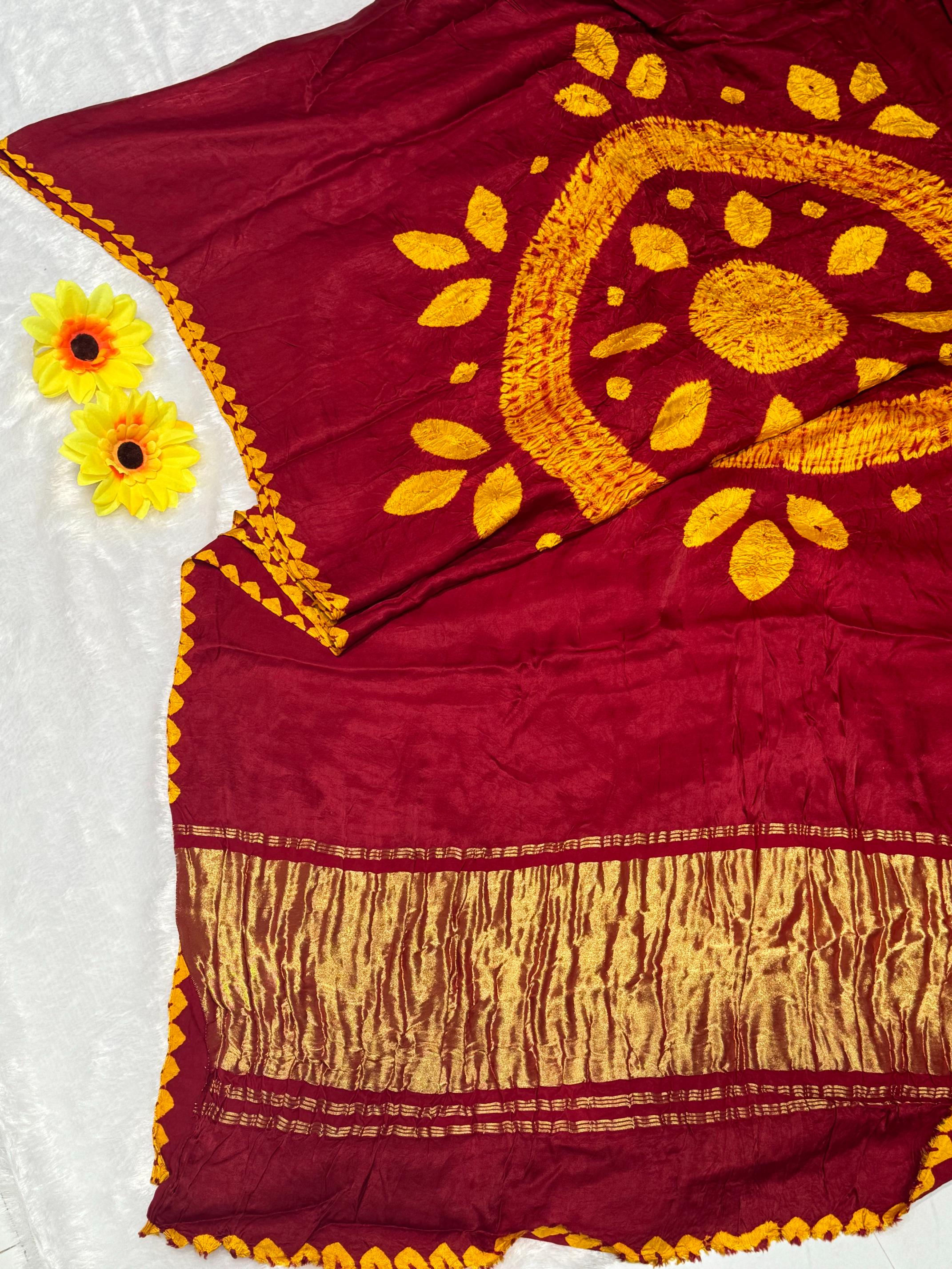 Redish Maroon Shibori Bandhni Border Pure Modal Silk Plain Saree S1