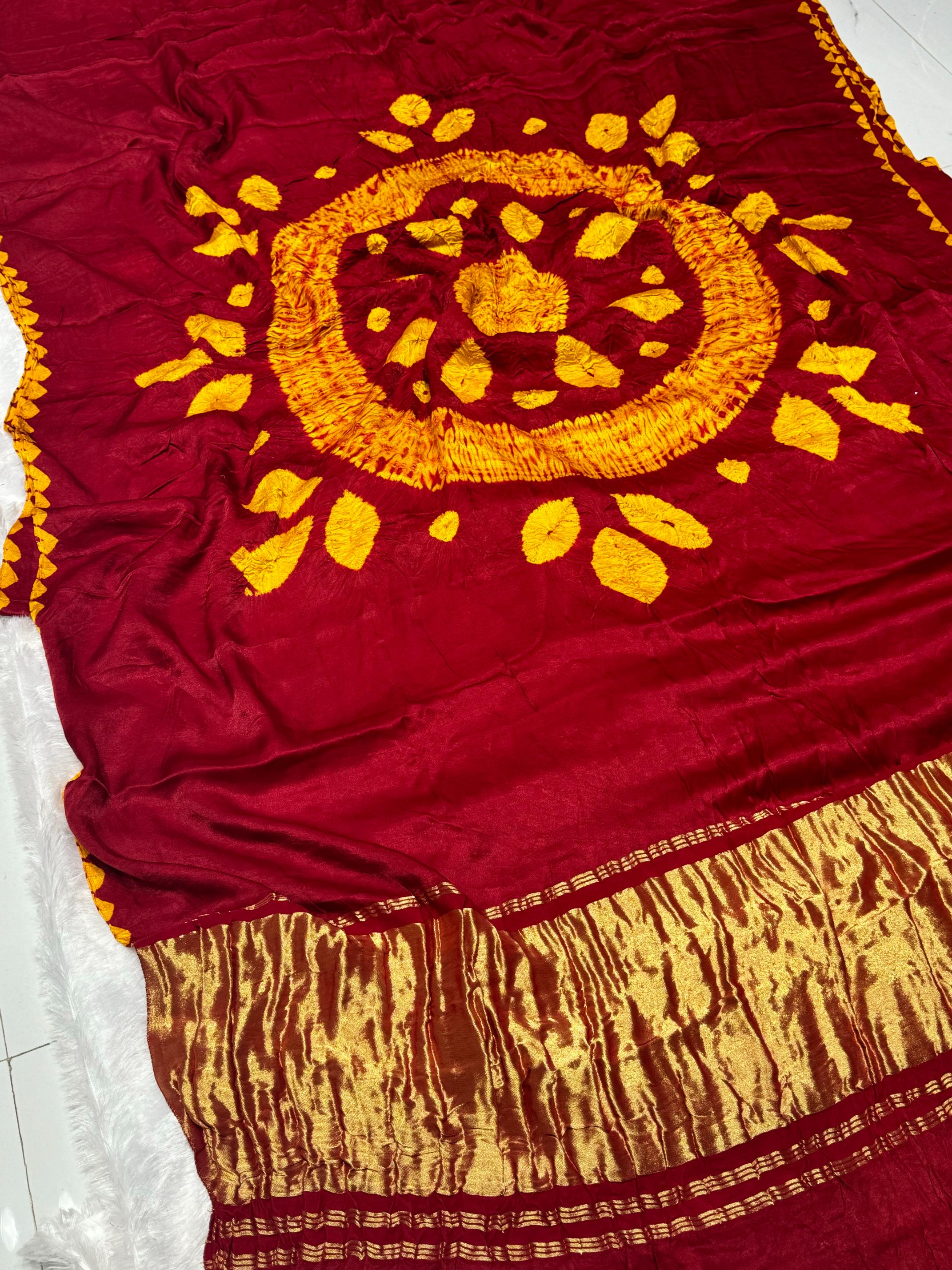 Redish Maroon Shibori Bandhni Border Pure Modal Silk Plain Saree S1