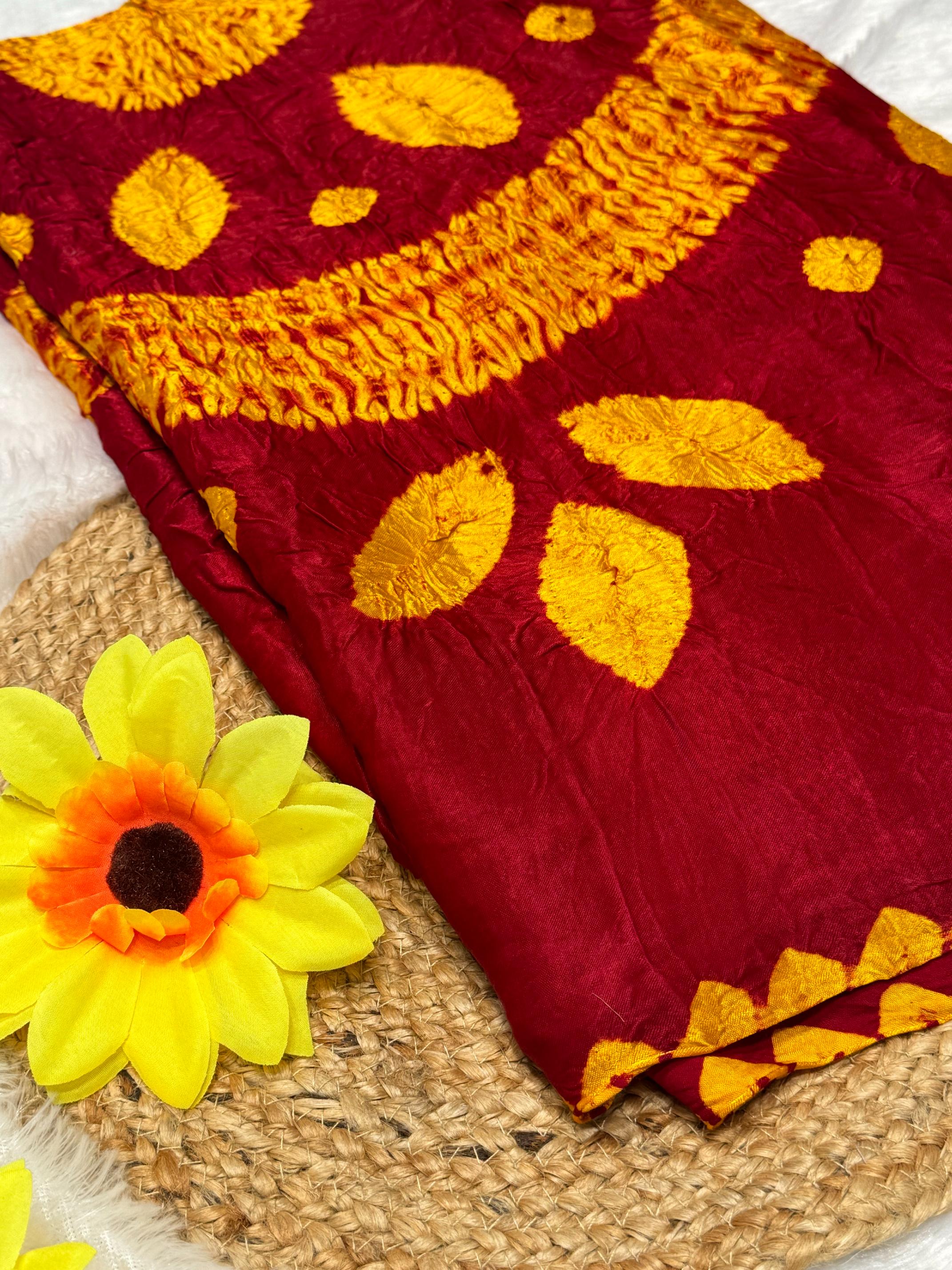Redish Maroon Shibori Bandhni Border Pure Modal Silk Plain Saree S1