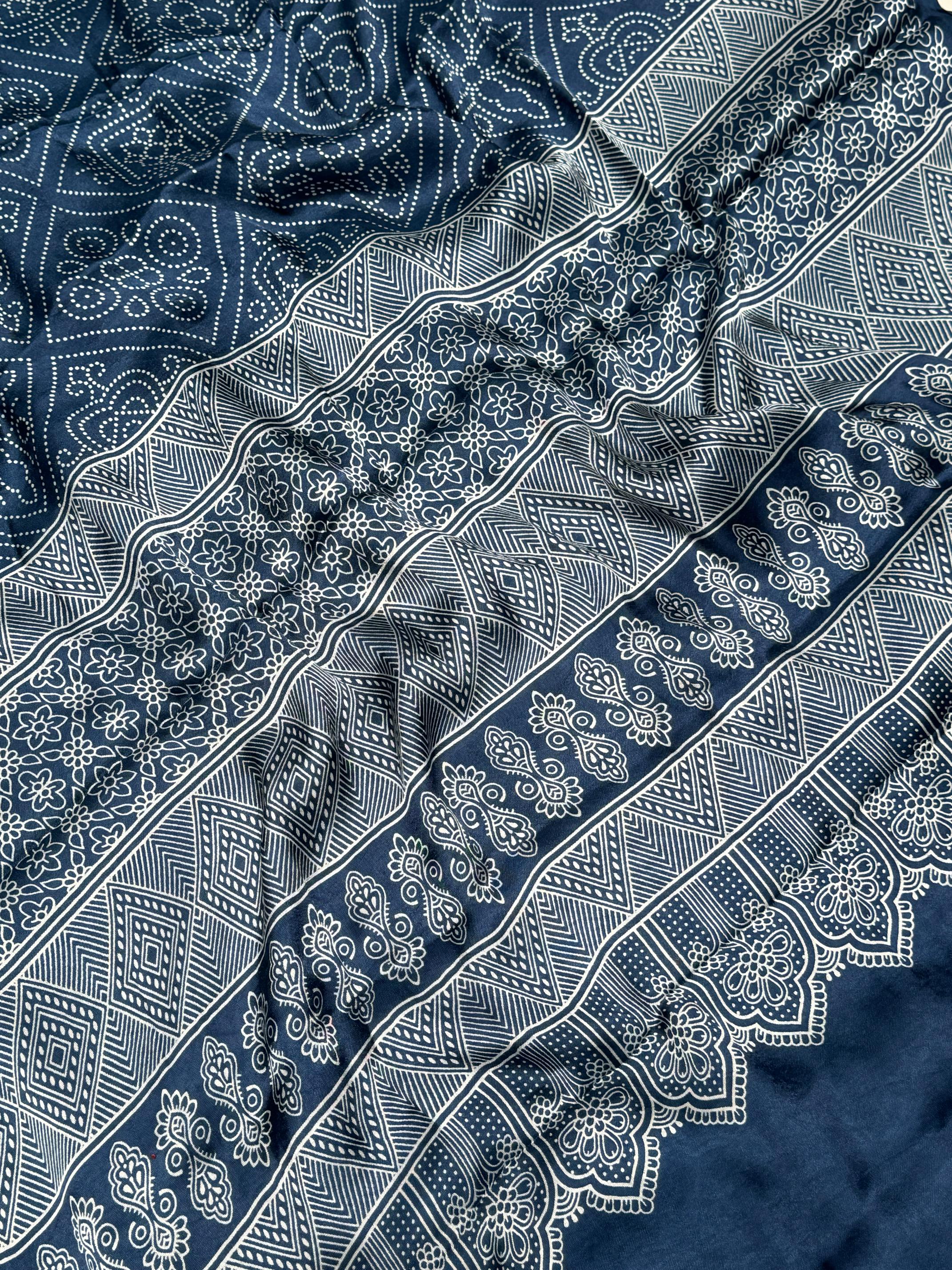 Indigo Blue  Bandhni Ajrakh Pure Modal Silk Ajrakh Pallu Saree A1