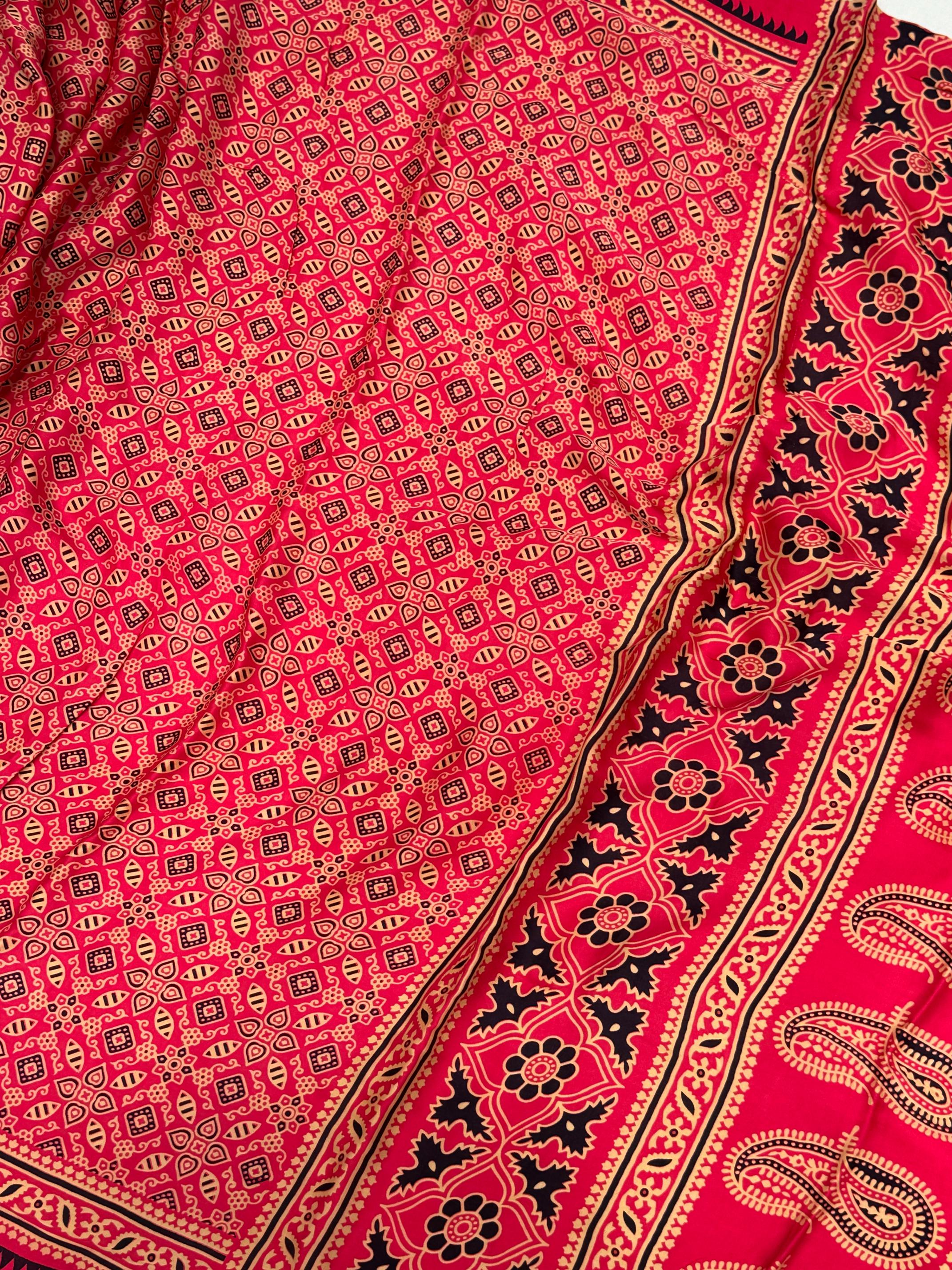 Pink Ajrakh Hand Block Modal Silk Saree With Zari Pallu A4