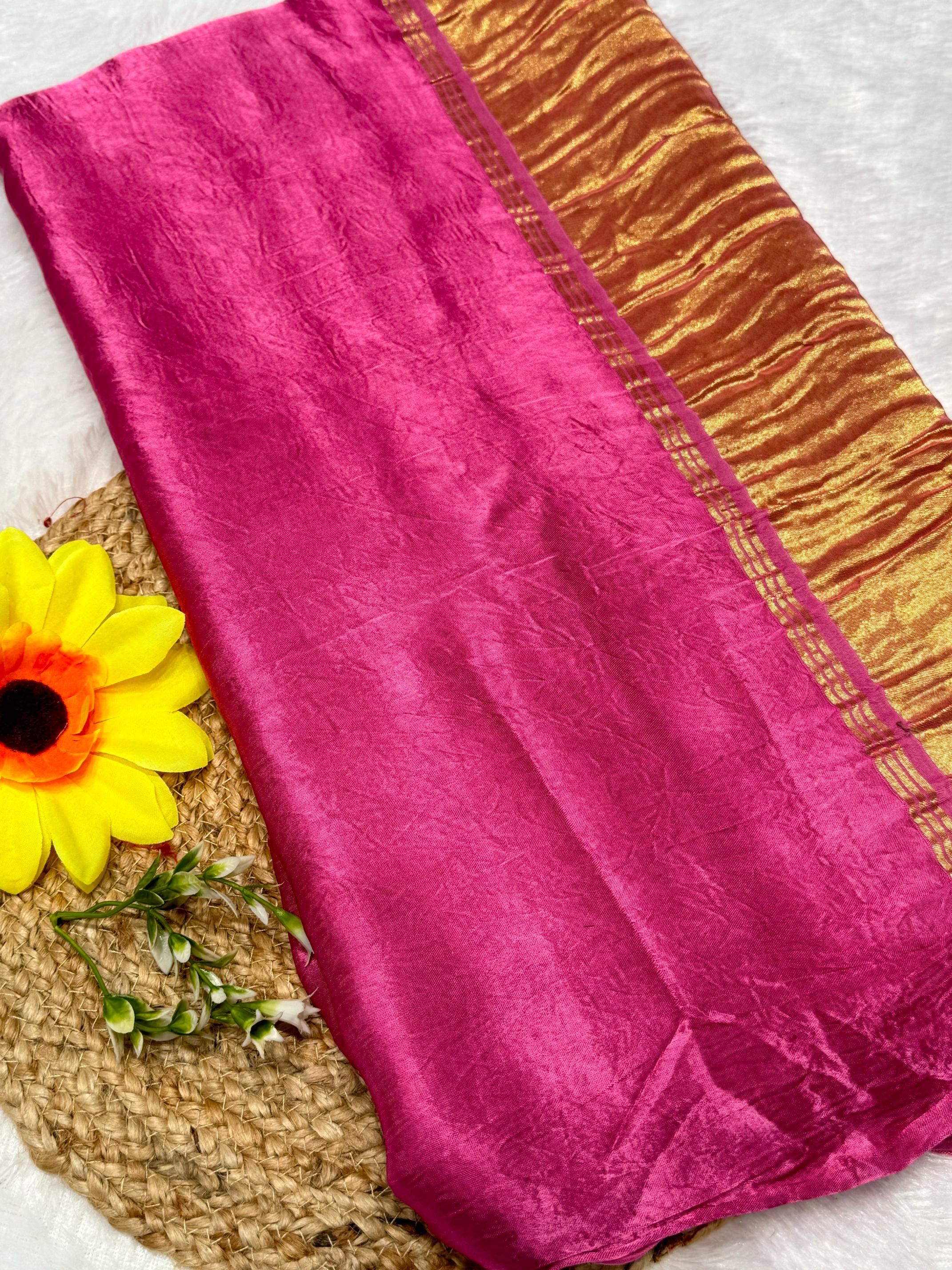 Pink Plain Pure Modal Gajji Silk Saree With Zari Pallu Natural dyeing Saree