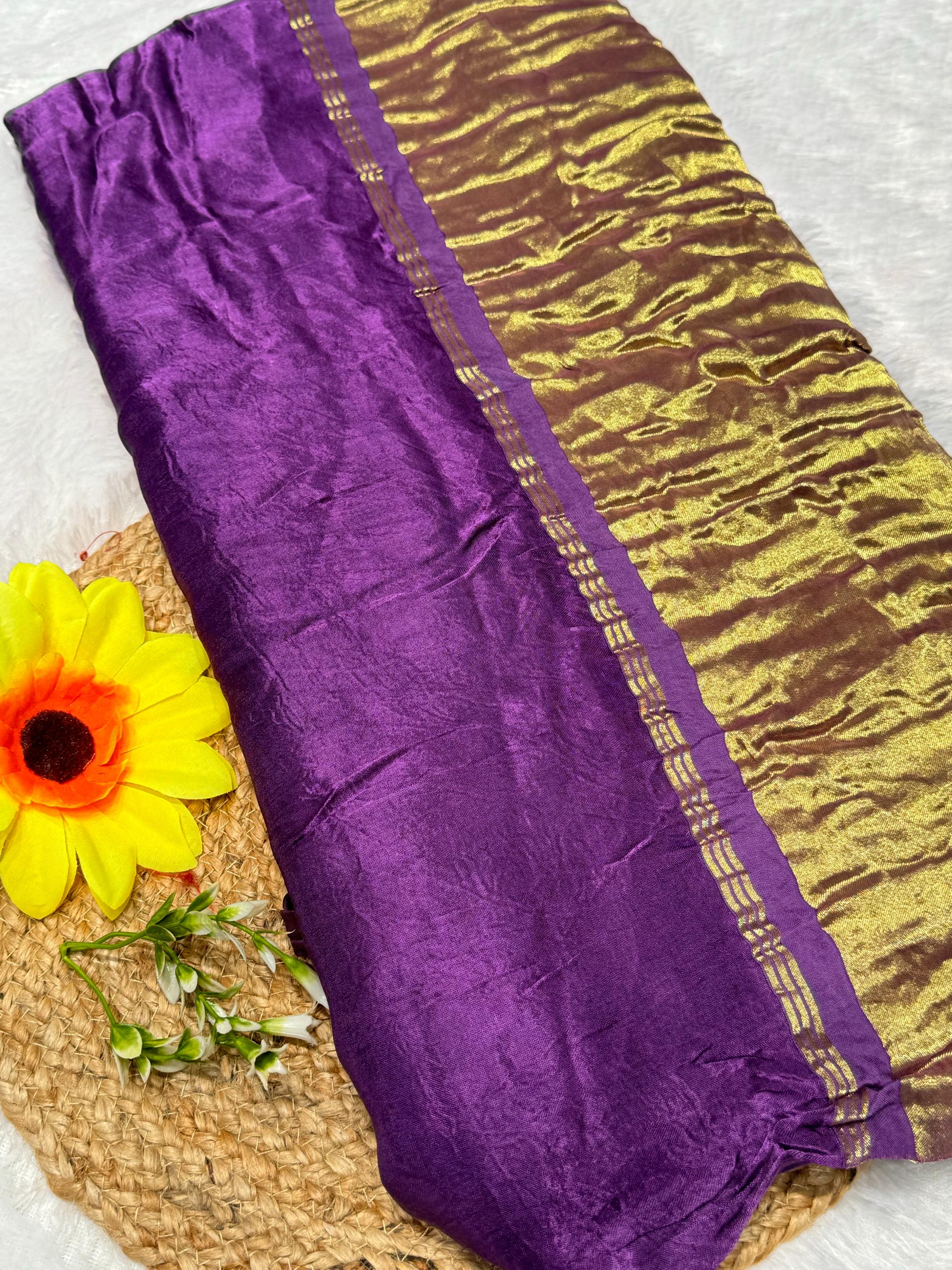 Purple Plain Pure Modal Gajji Silk Saree With Zari Pallu Natural dyeing Saree