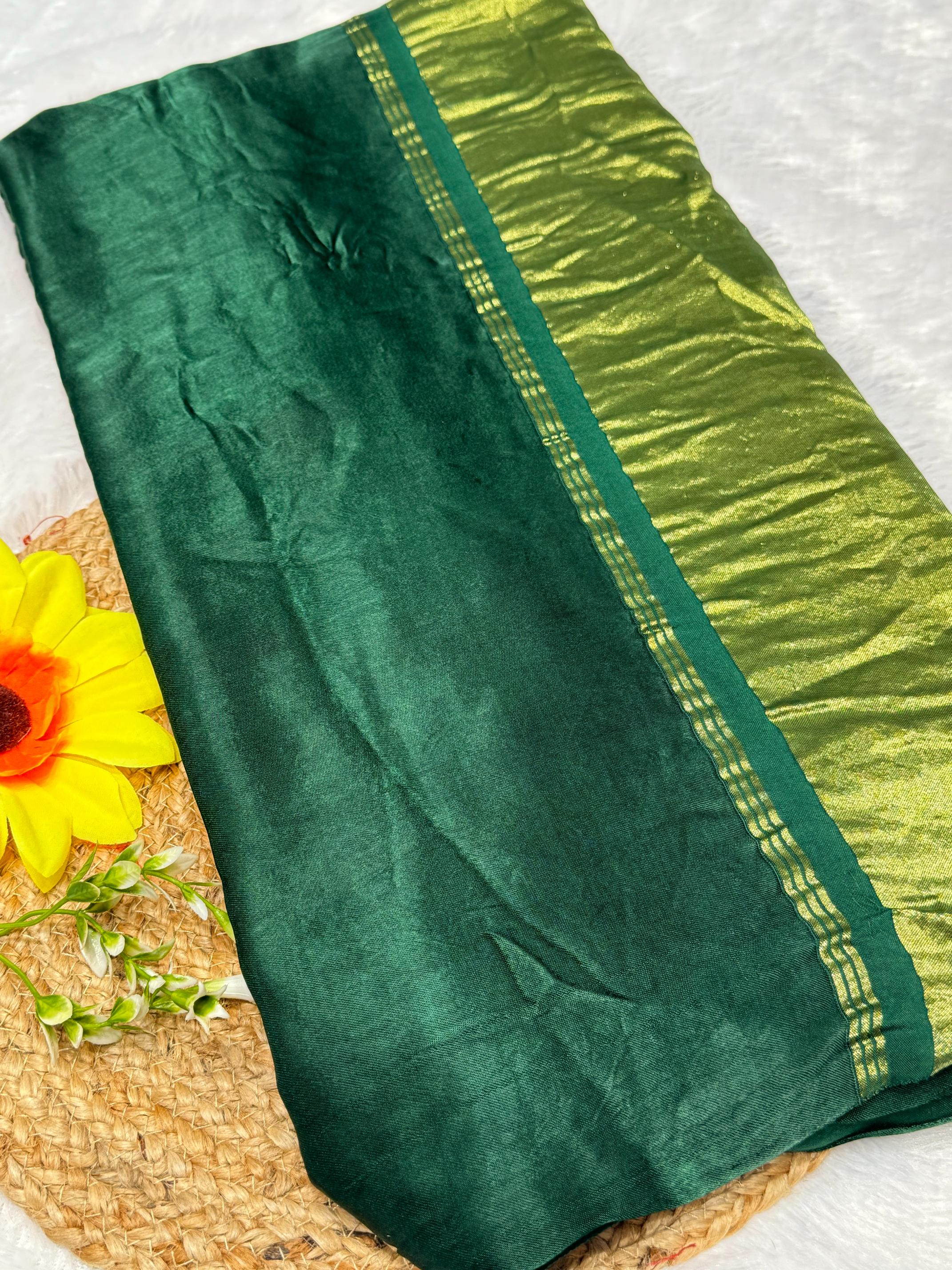 Dark Green Plain Pure Modal Gajji Silk Saree With Zari Pallu Natural dyeing Saree