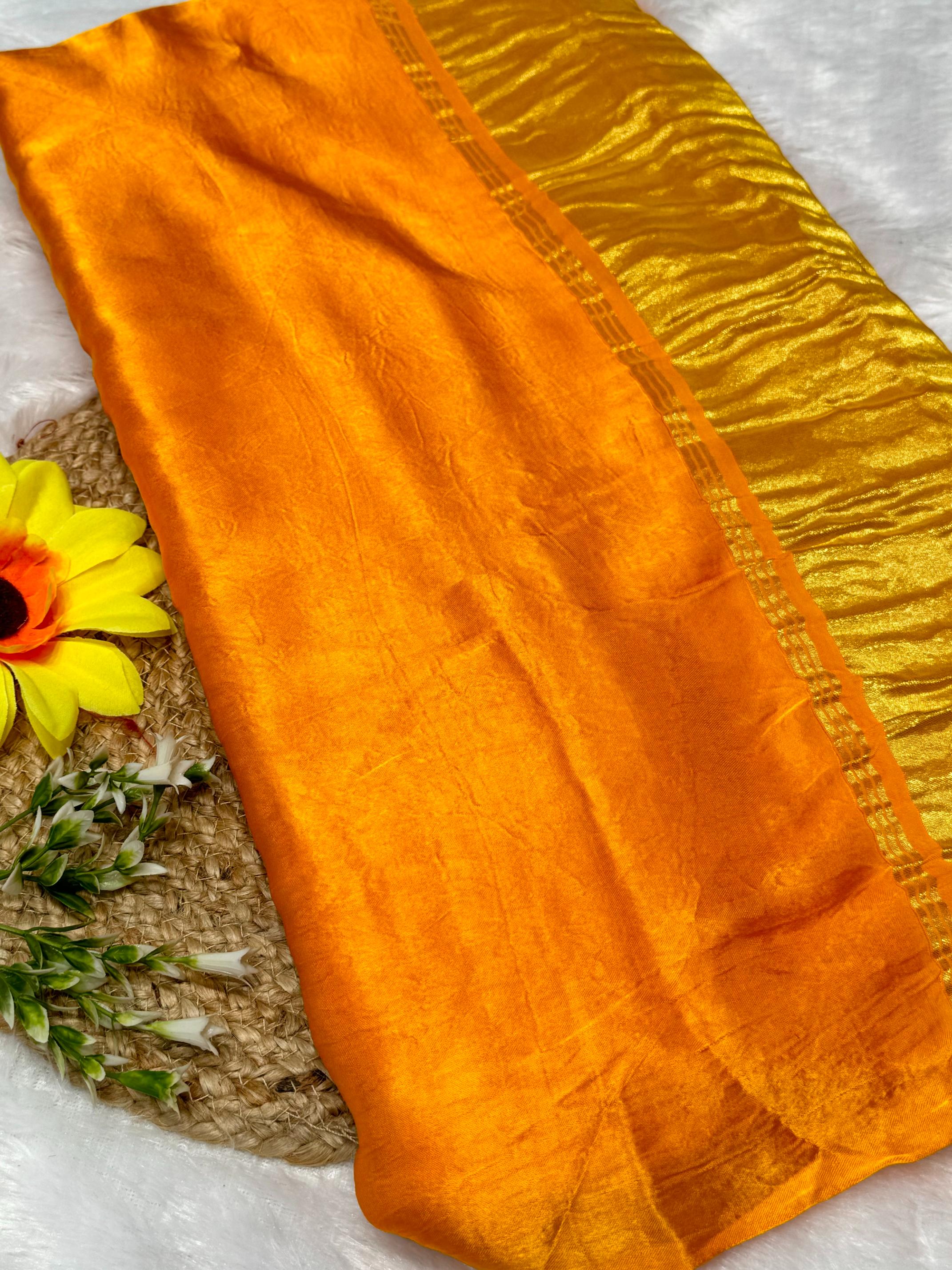 Orange Plain Pure Modal Gajji Silk Saree With Zari Pallu Natural dyeing Saree