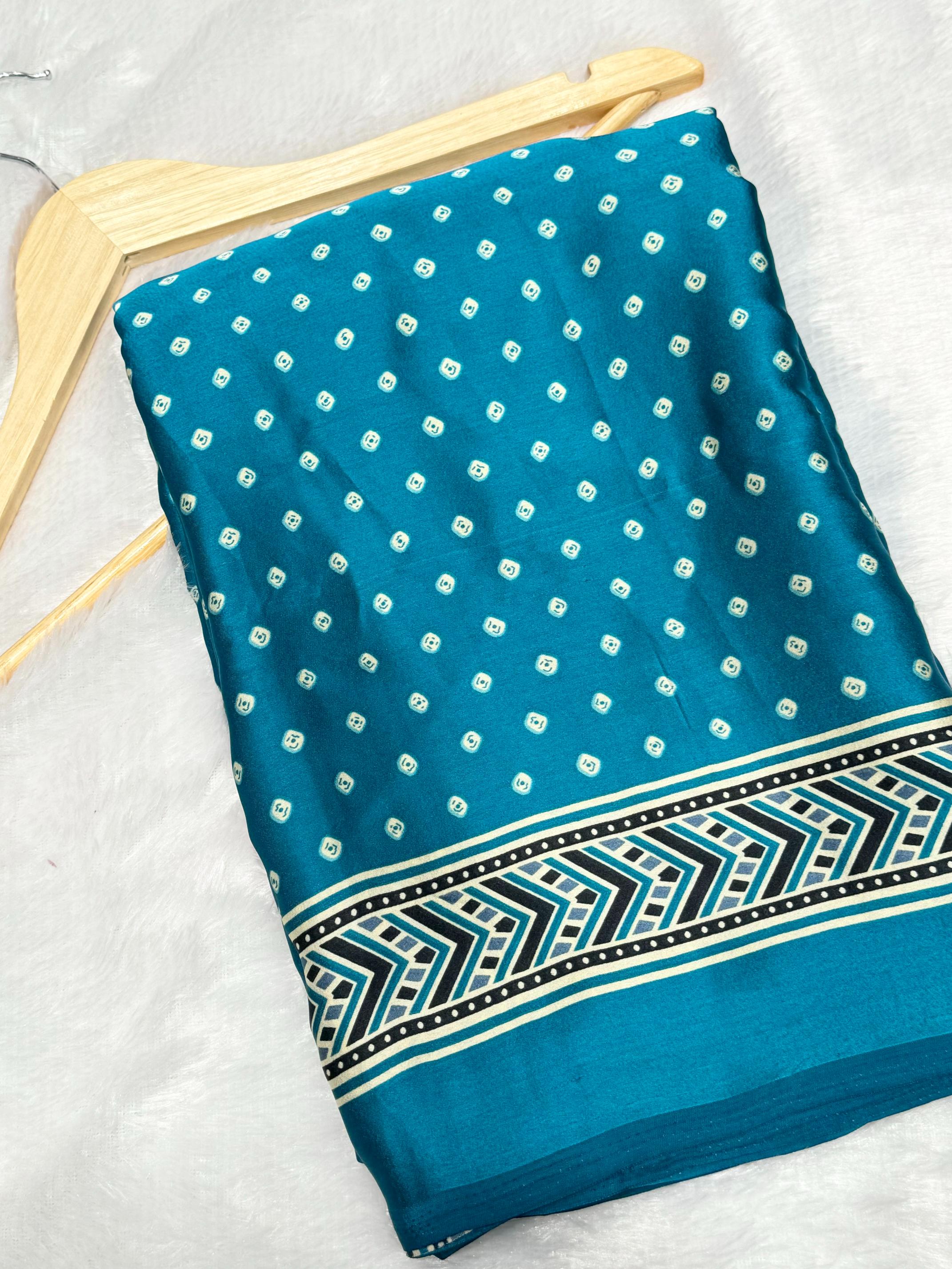 Rama Bandhani With Ajrakh Printed Soft Modal Silk Natural Print Saree P3