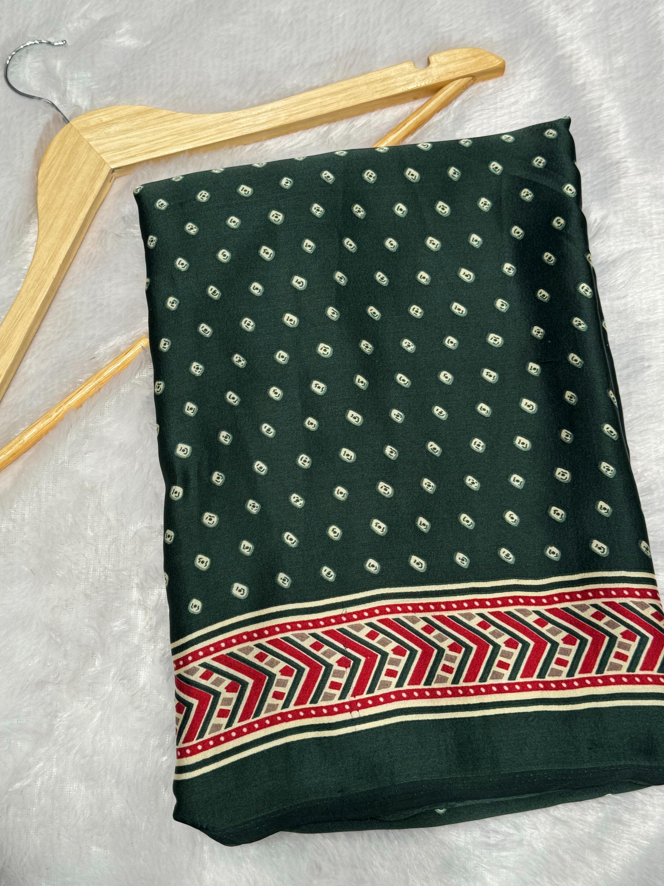 Green Bandhani With Ajrakh Printed Soft Modal Silk Natural Print Saree P3