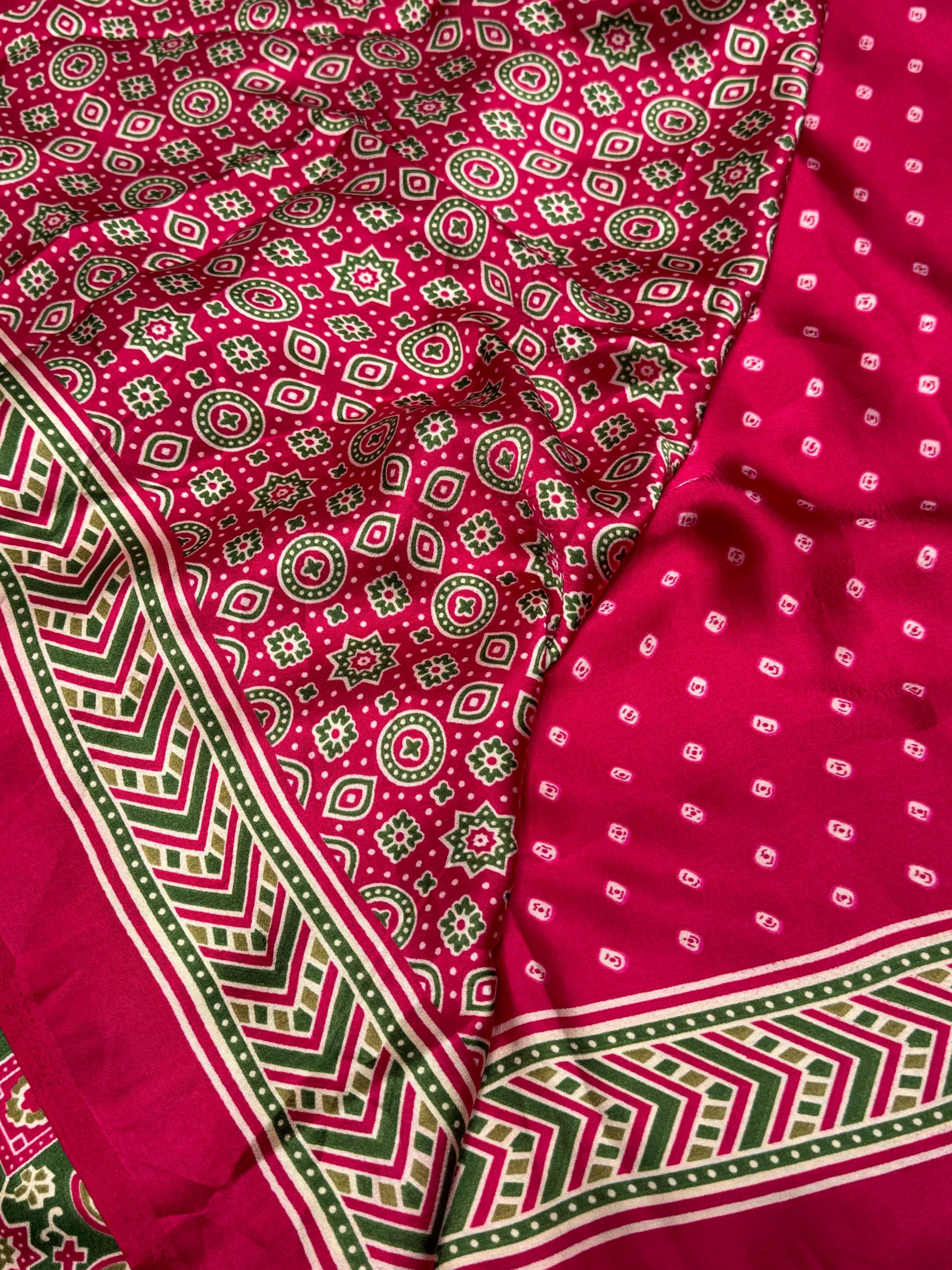 Rani Bandhani With Ajrakh Printed Soft Modal Silk Natural Print Saree P3