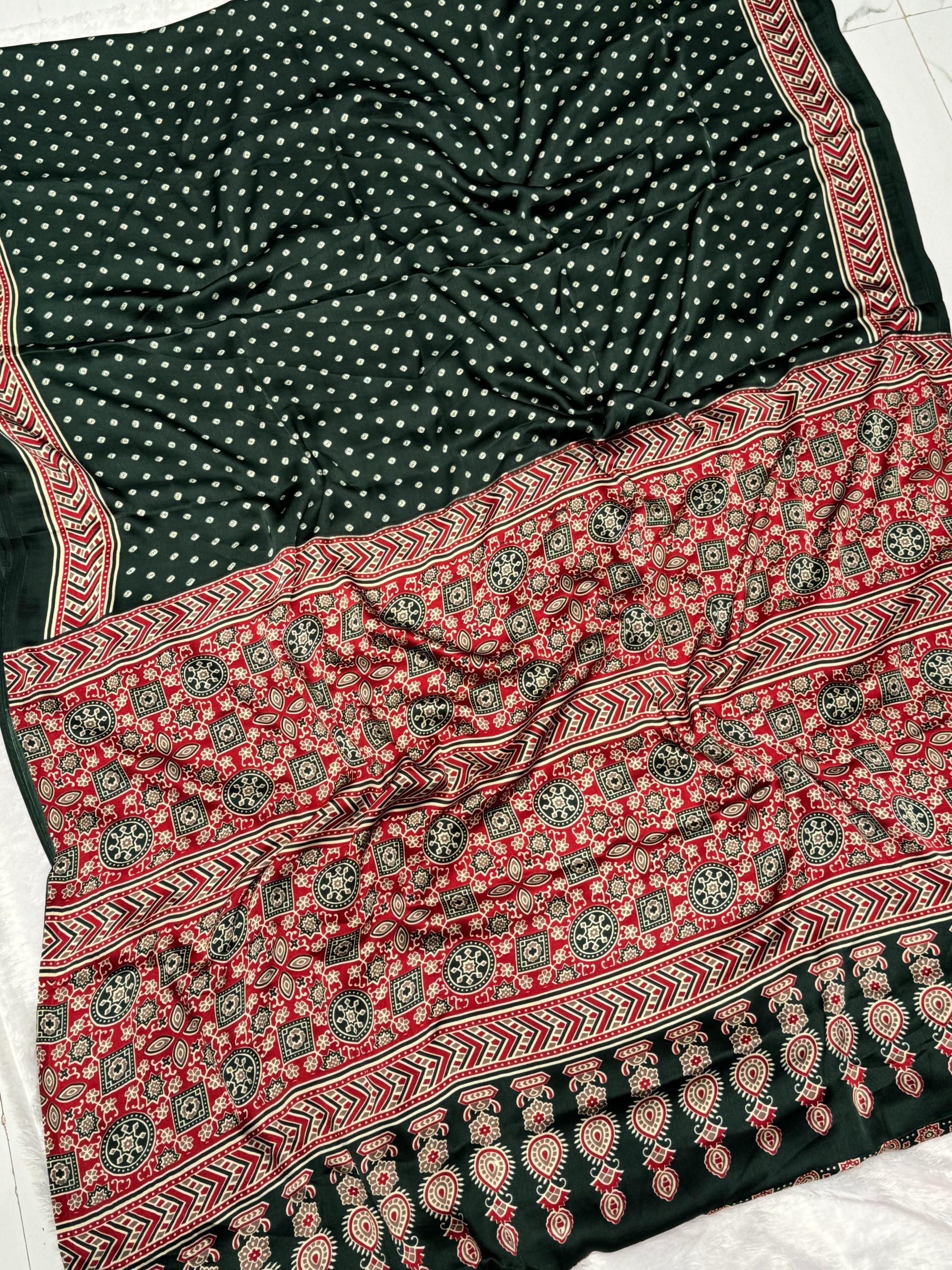 Green Bandhani With Ajrakh Printed Soft Modal Silk Natural Print Saree P3