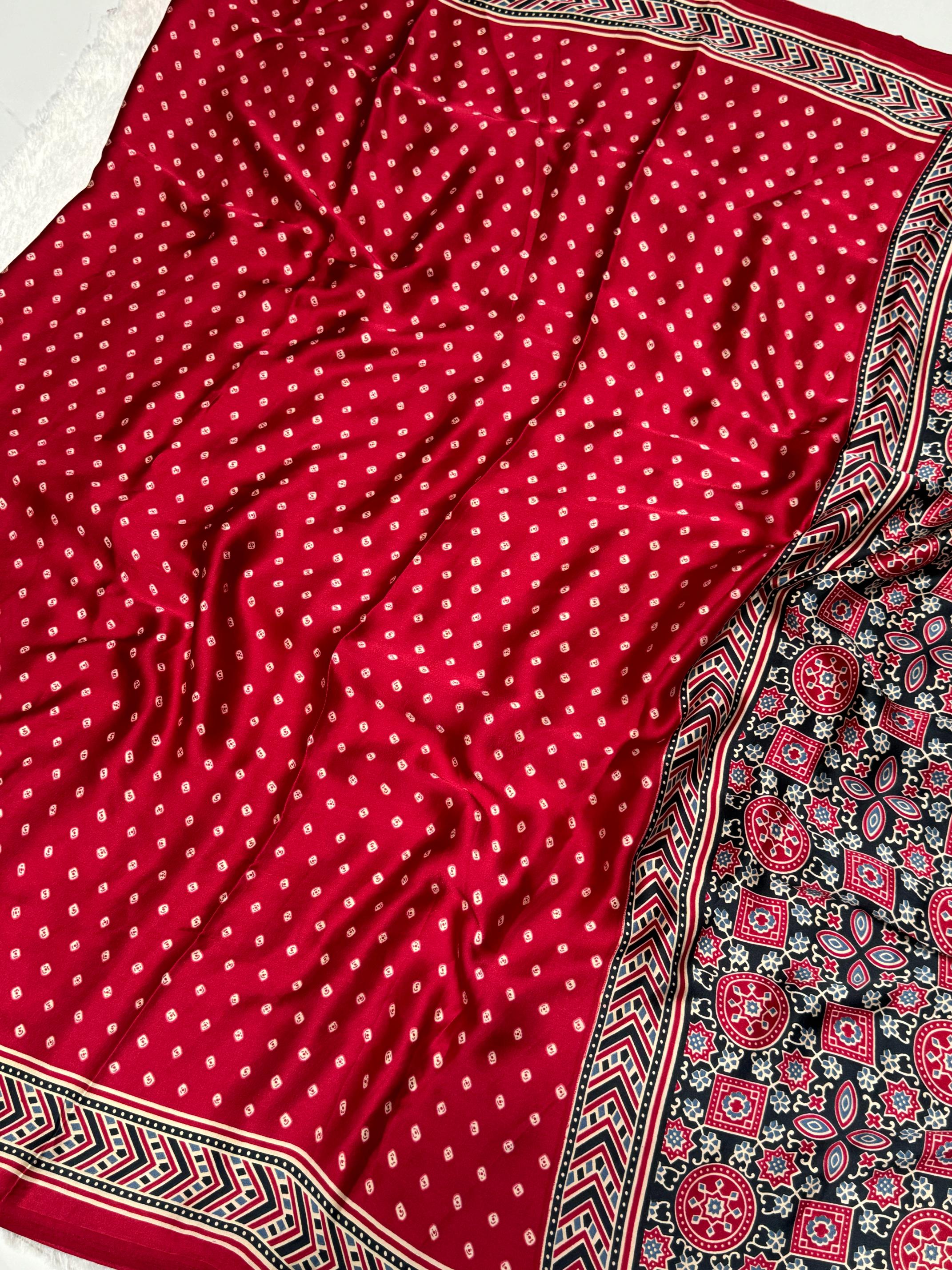 Maroon Bandhani With Ajrakh Printed Soft Modal Silk Natural Print Saree P3