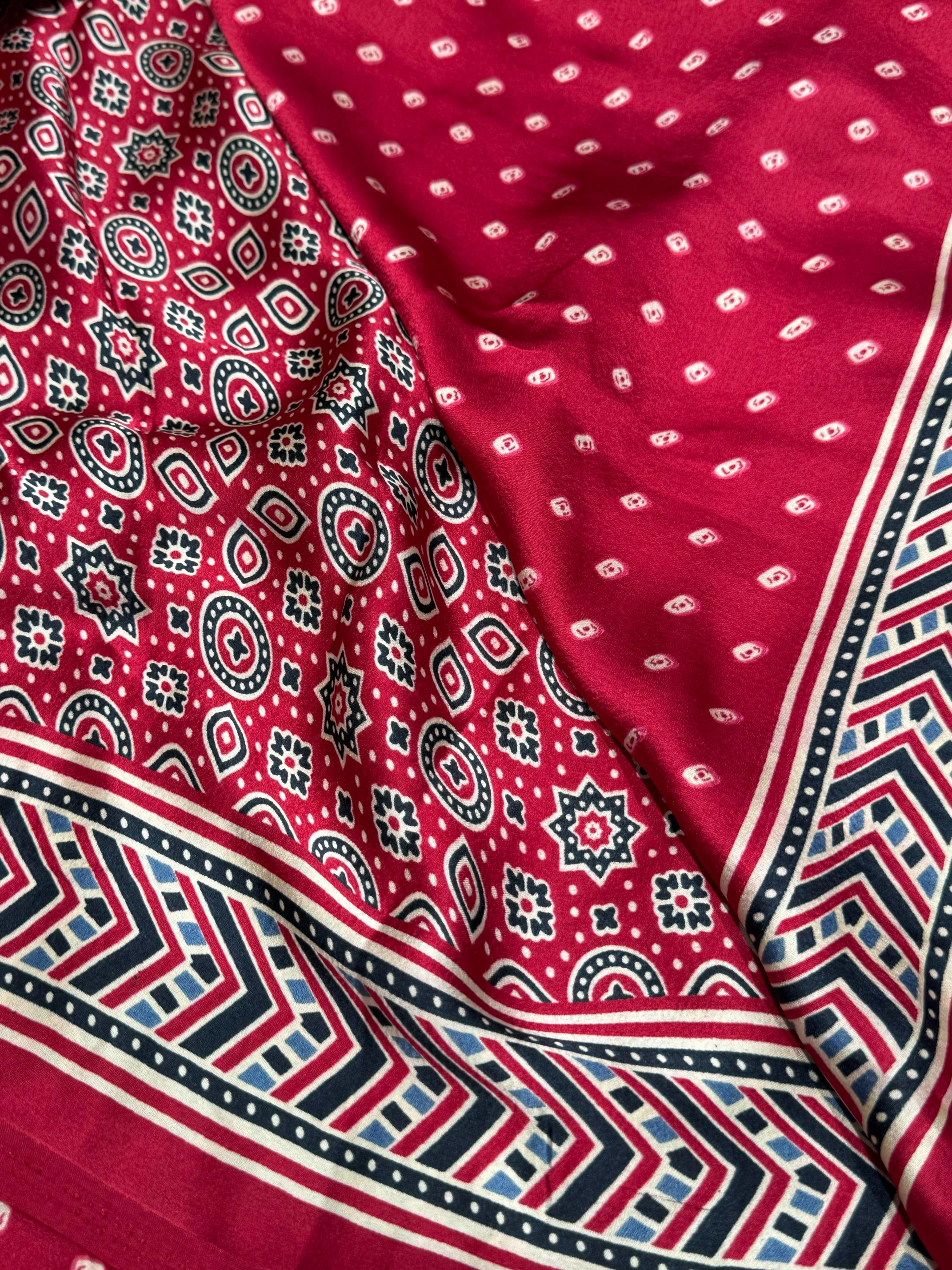 Maroon Bandhani With Ajrakh Printed Soft Modal Silk Natural Print Saree P3