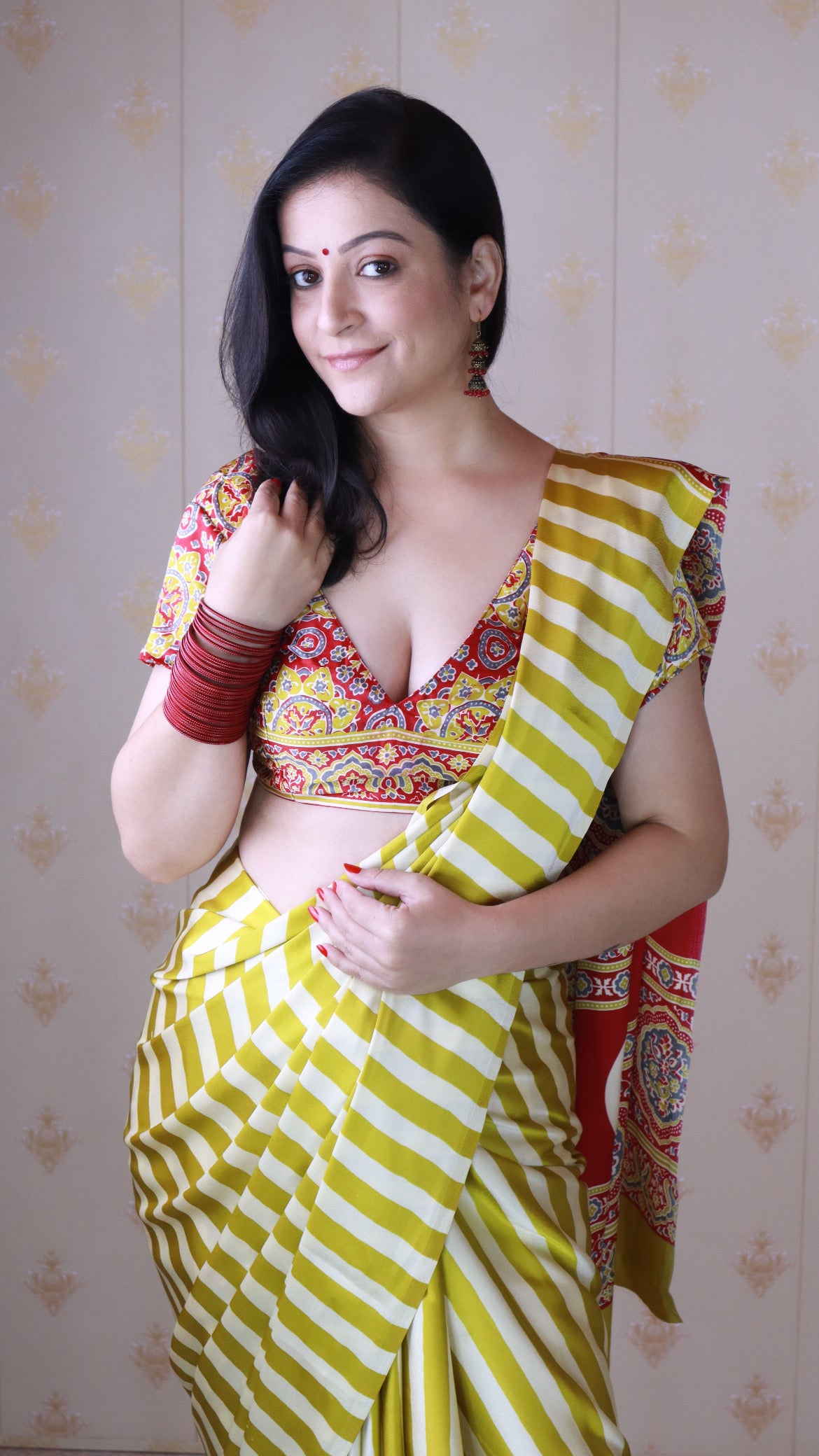 Mustard Yellow Striped Ajrakh Hand-Printed Modal Silk Saree
