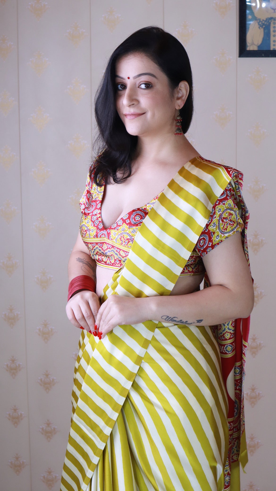 Mustard Yellow Striped Ajrakh Hand-Printed Modal Silk Saree