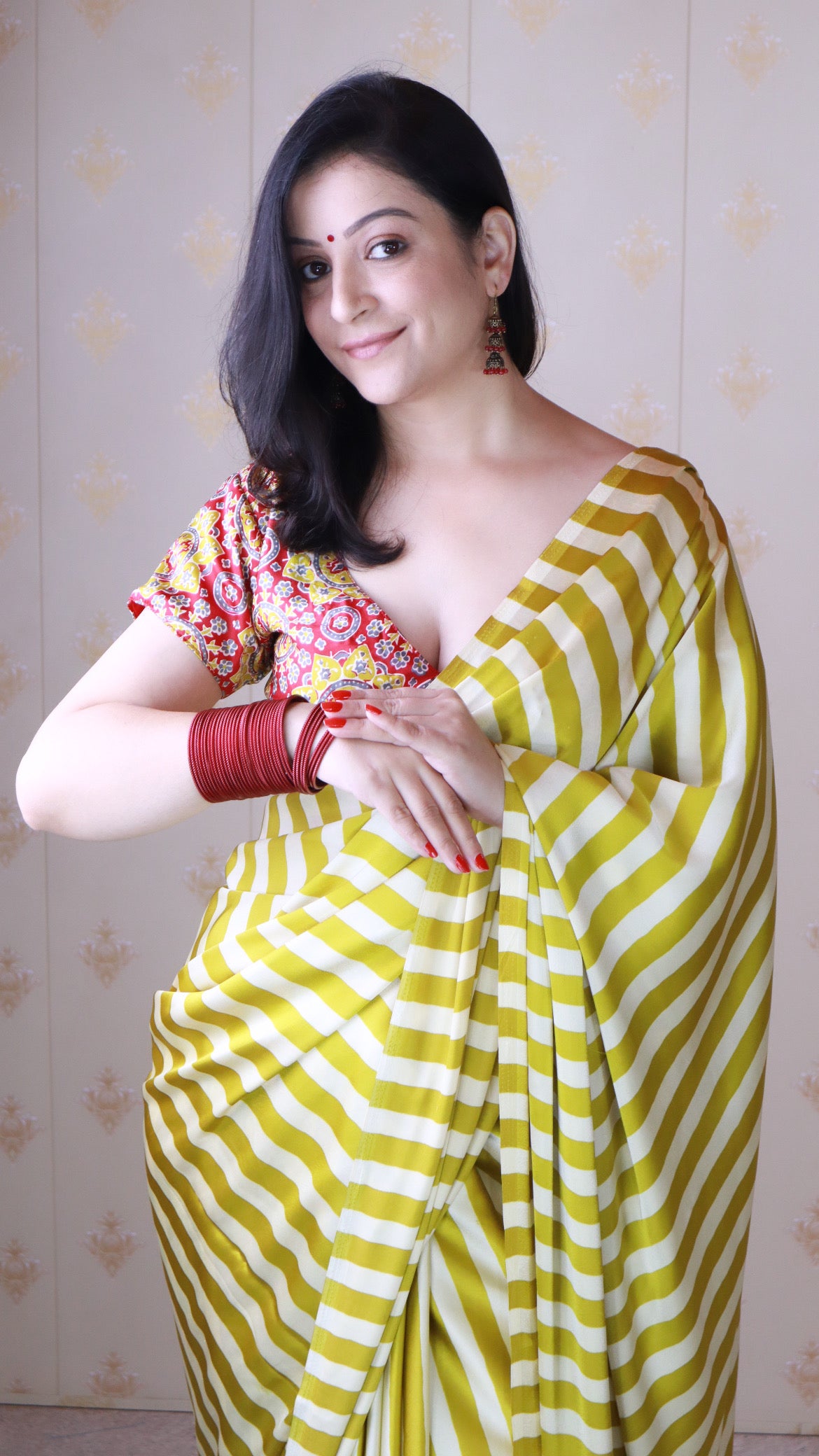 Mustard Yellow Striped Ajrakh Hand-Printed Modal Silk Saree