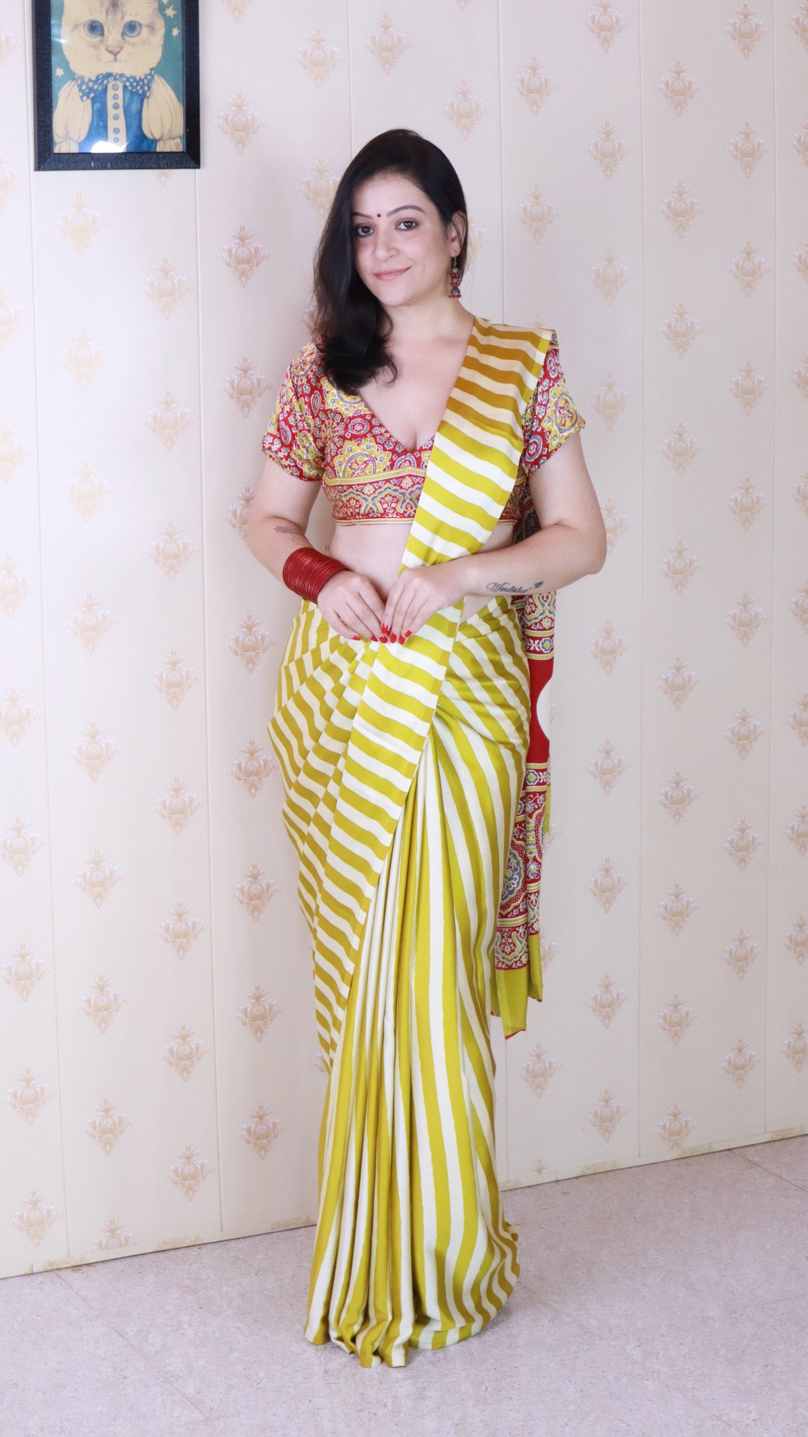 Mustard Yellow Striped Ajrakh Hand-Printed Modal Silk Saree