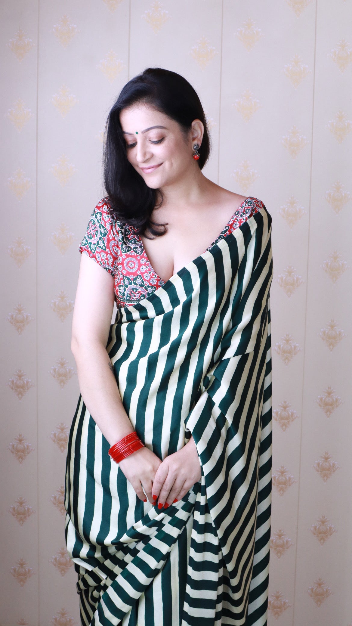 Classic Green Striped Ajrakh Hand-Printed Modal Silk Saree