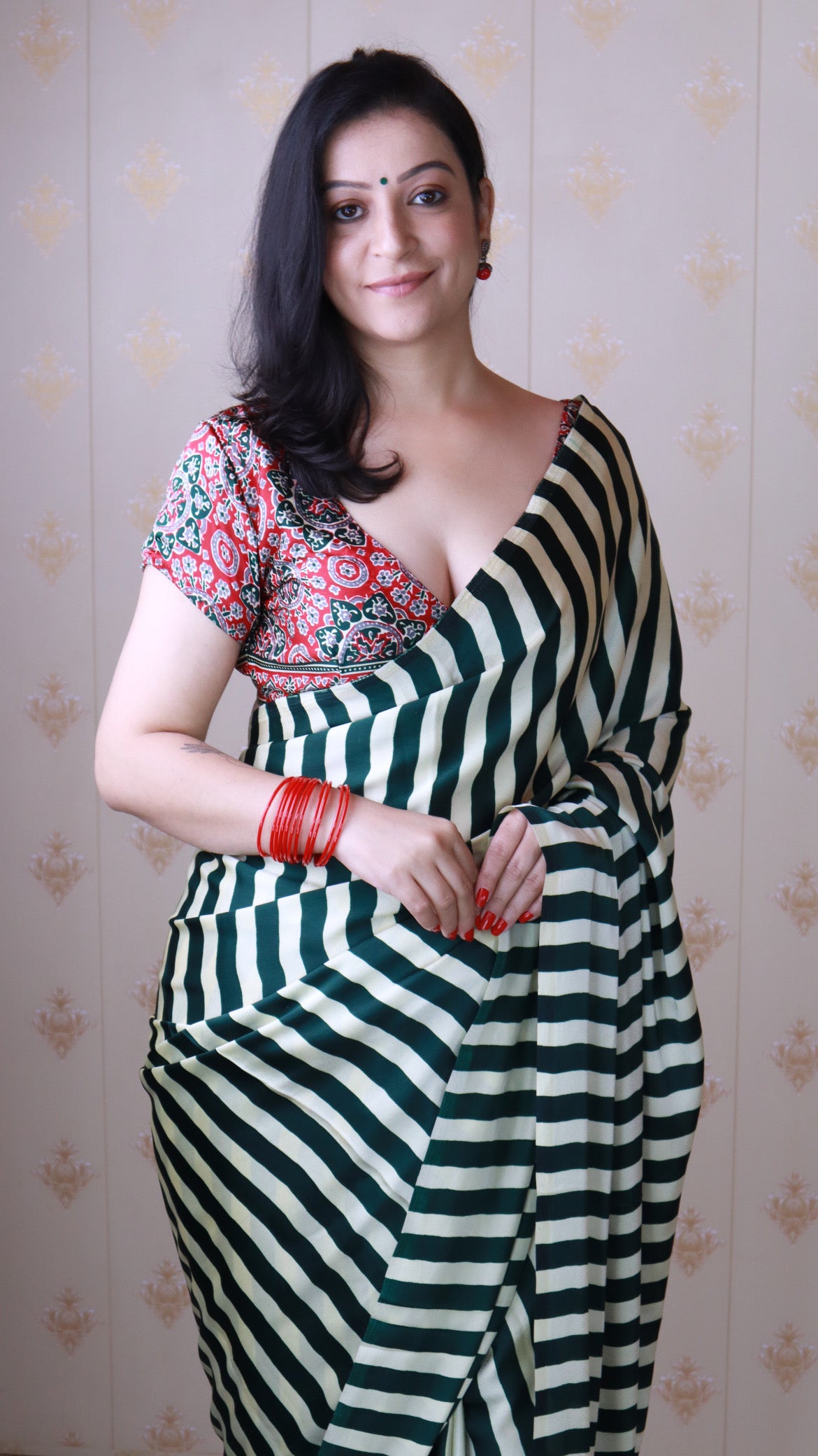 Classic Green Striped Ajrakh Hand-Printed Modal Silk Saree