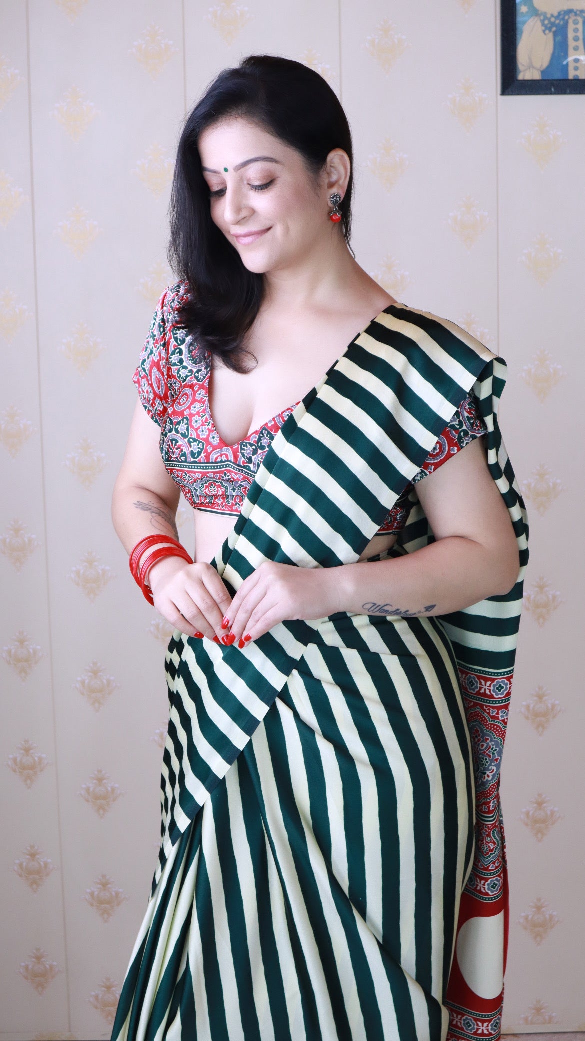 Classic Green Striped Ajrakh Hand-Printed Modal Silk Saree